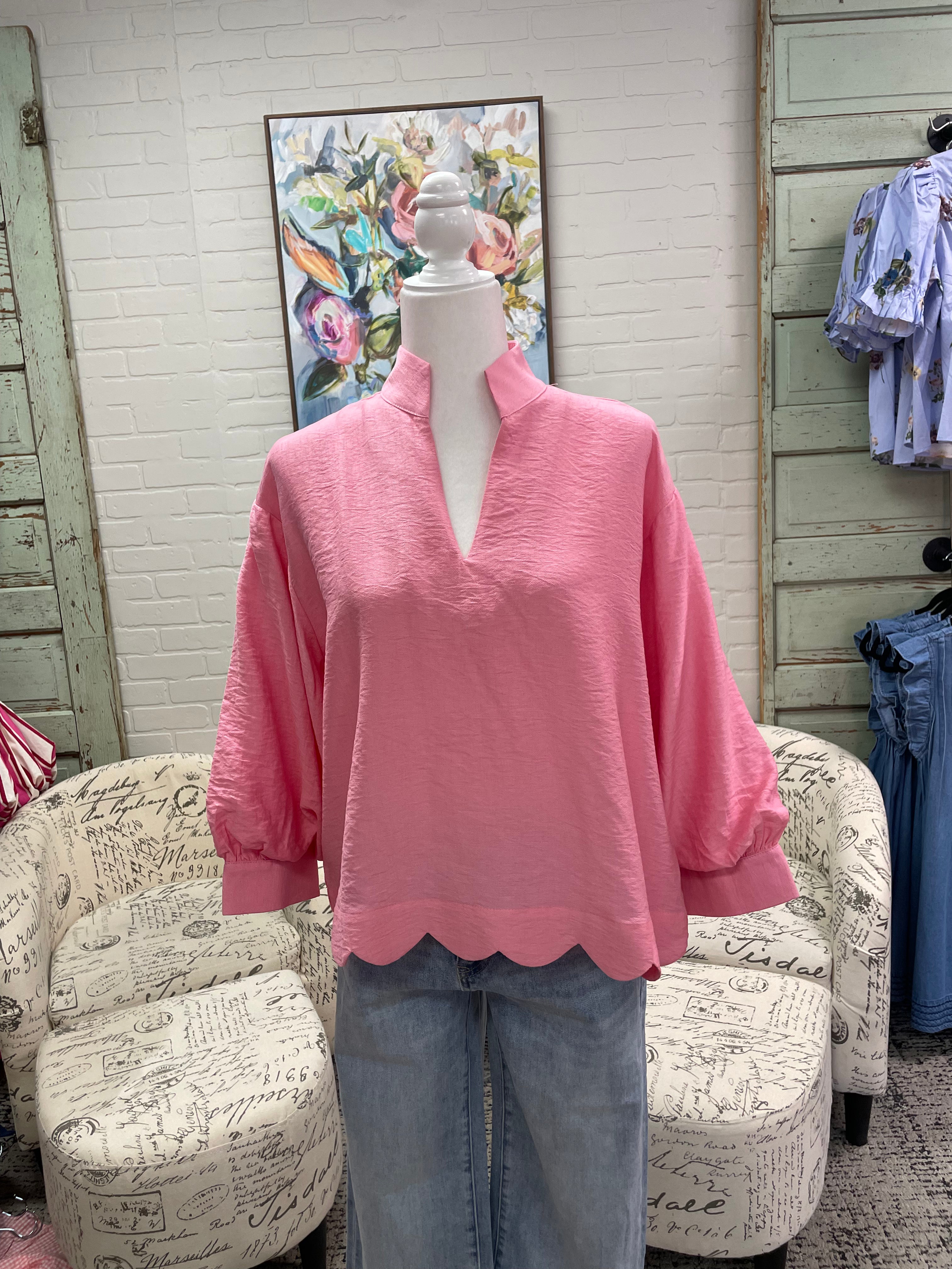 Pink 3/4 Sleeve Scalloped Top