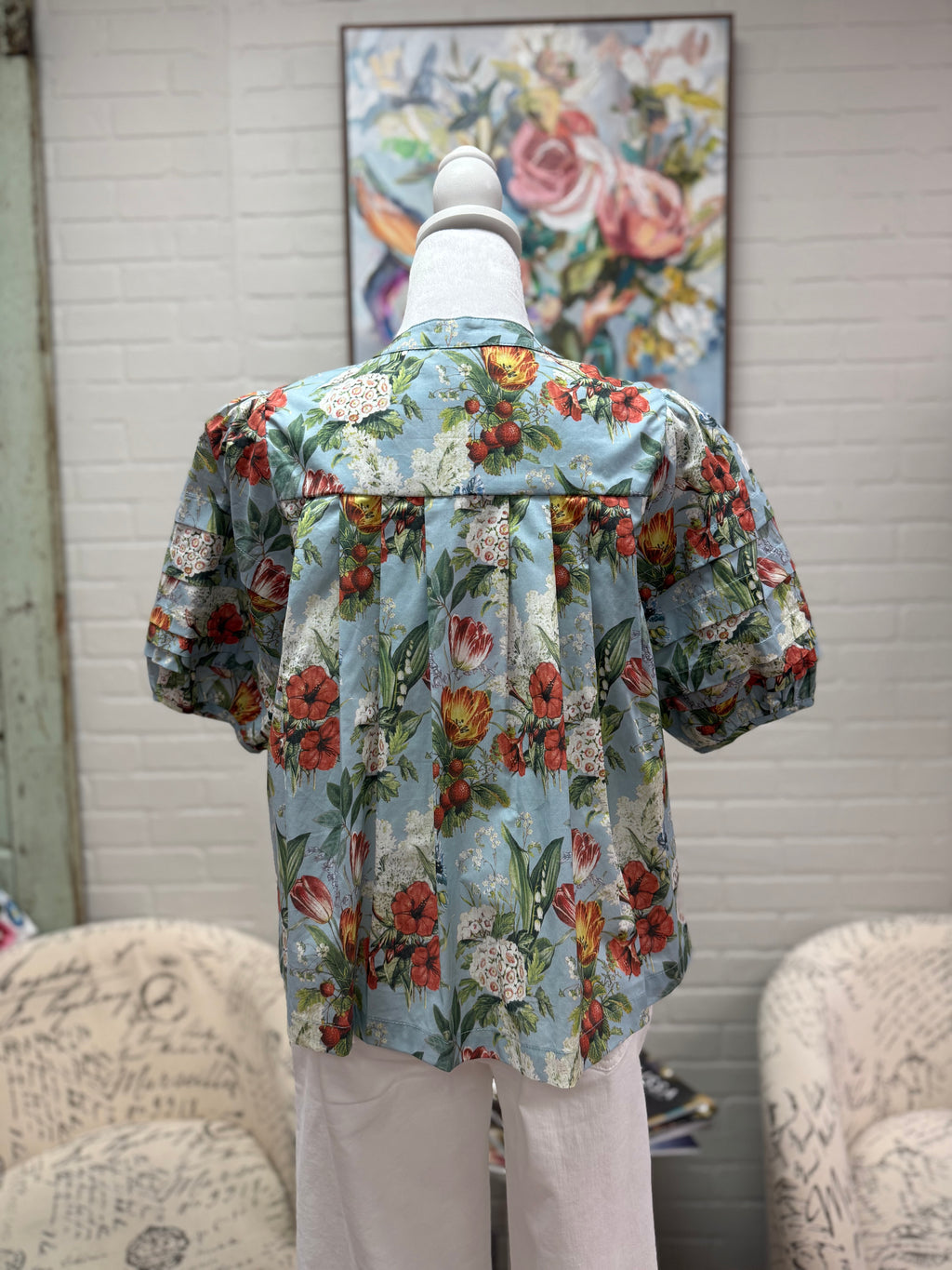 Blue Floral Pleated Sleeve Top