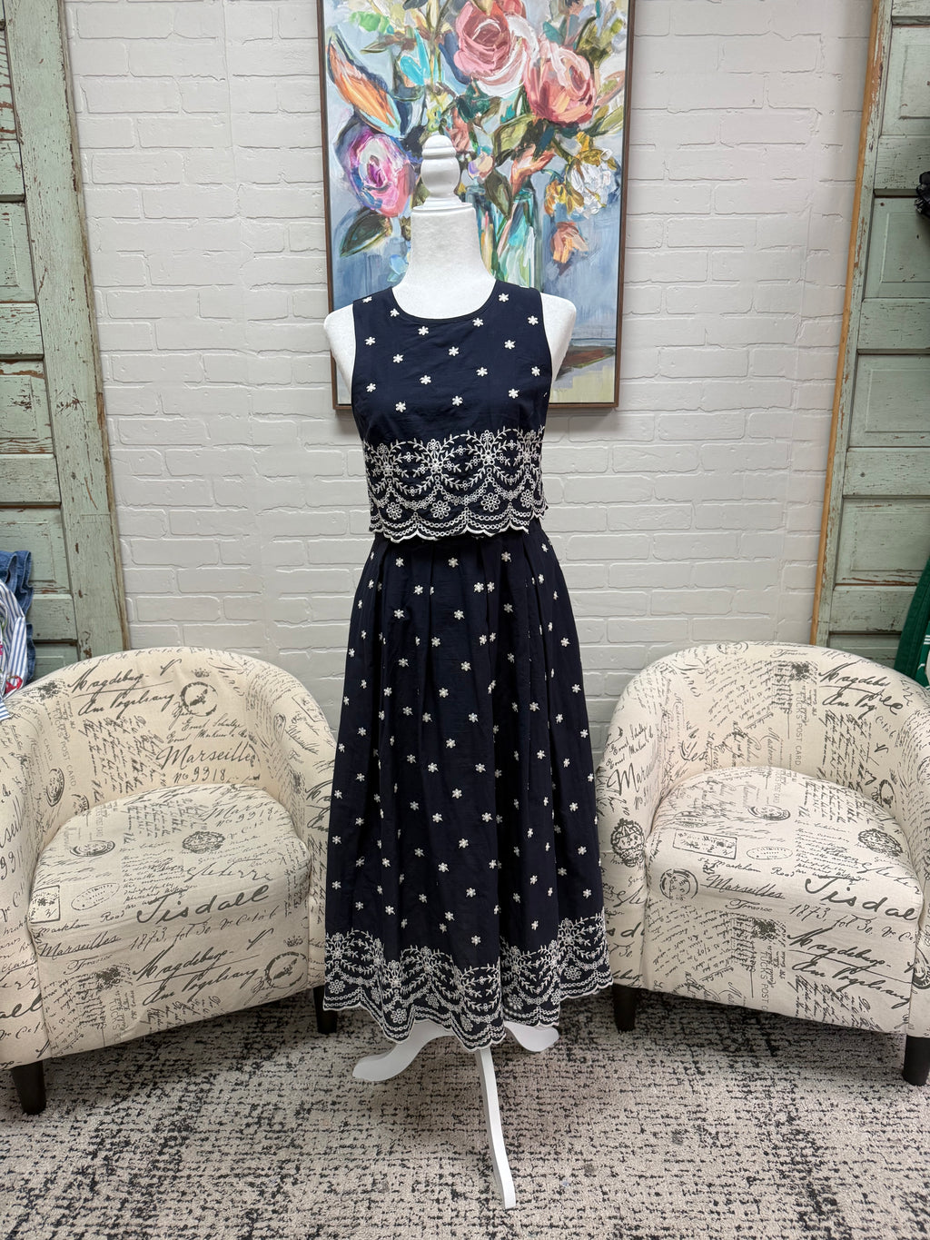 Navy Embroidered Midi Dress