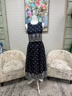 Navy Embroidered Midi Dress