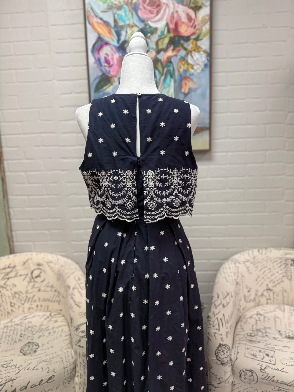 Navy Embroidered Midi Dress