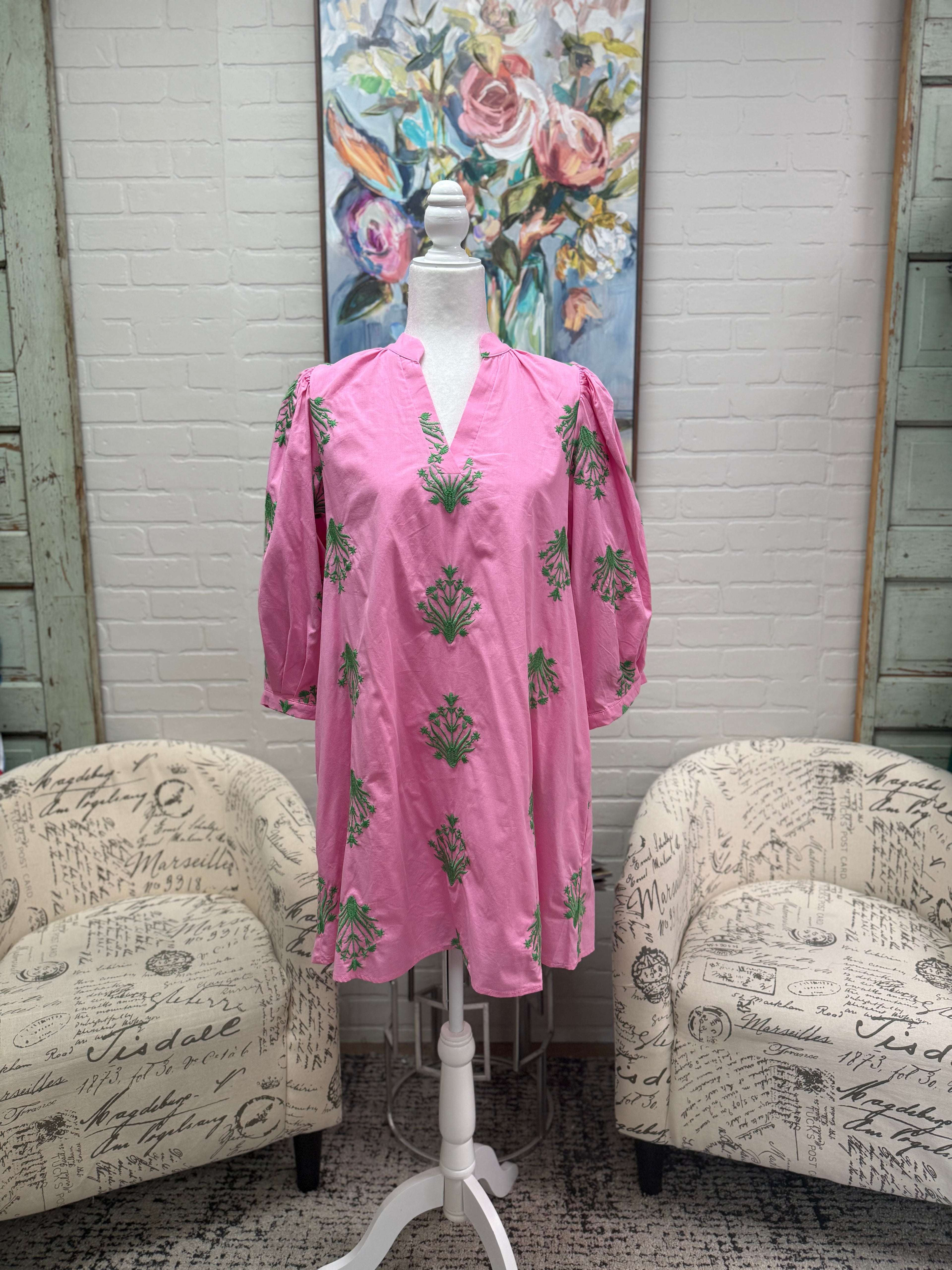 Pink Embroidered 3/4 Sleeve Mini Dress