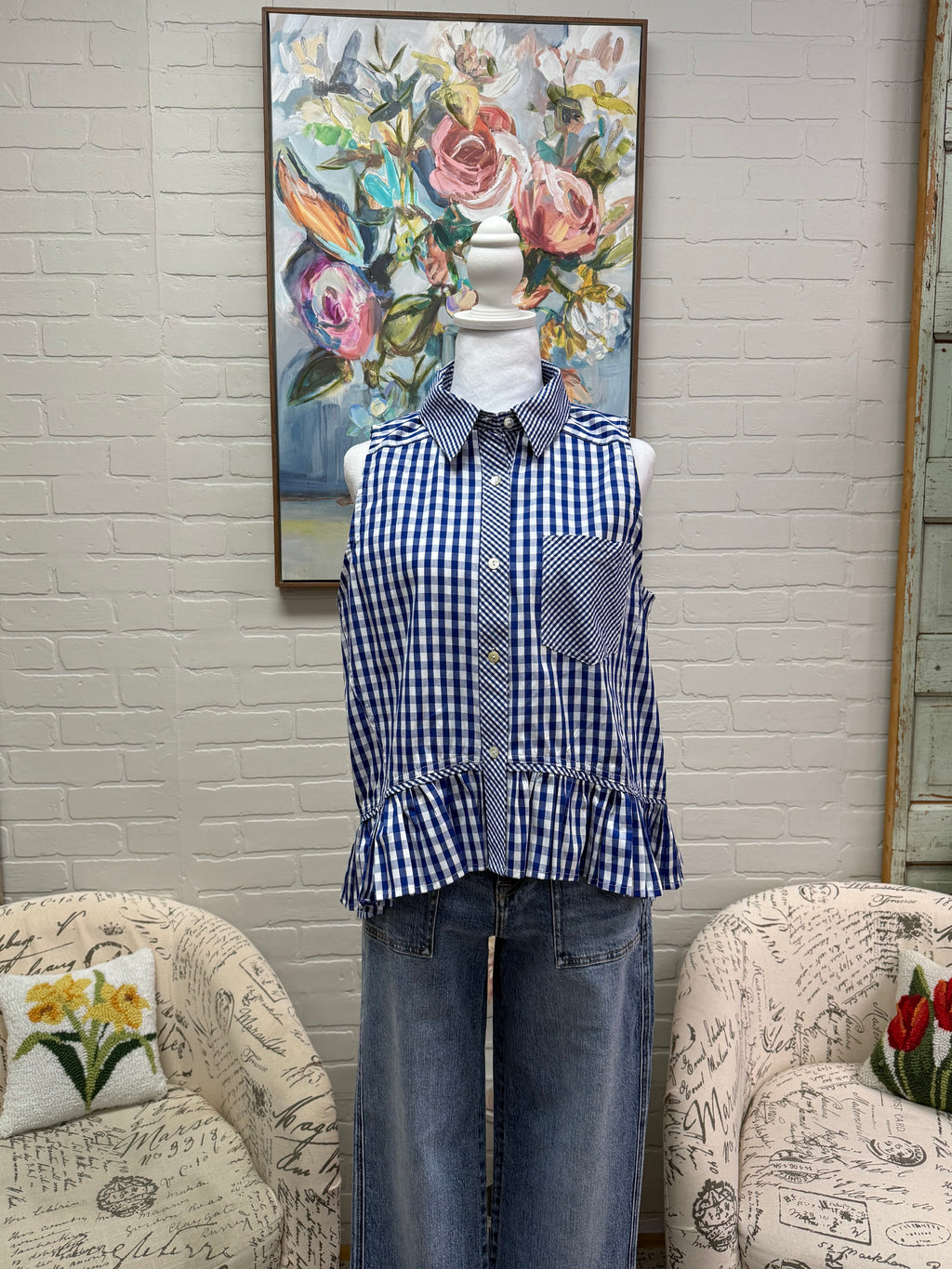 Blue Gingham Sleeveless Top
