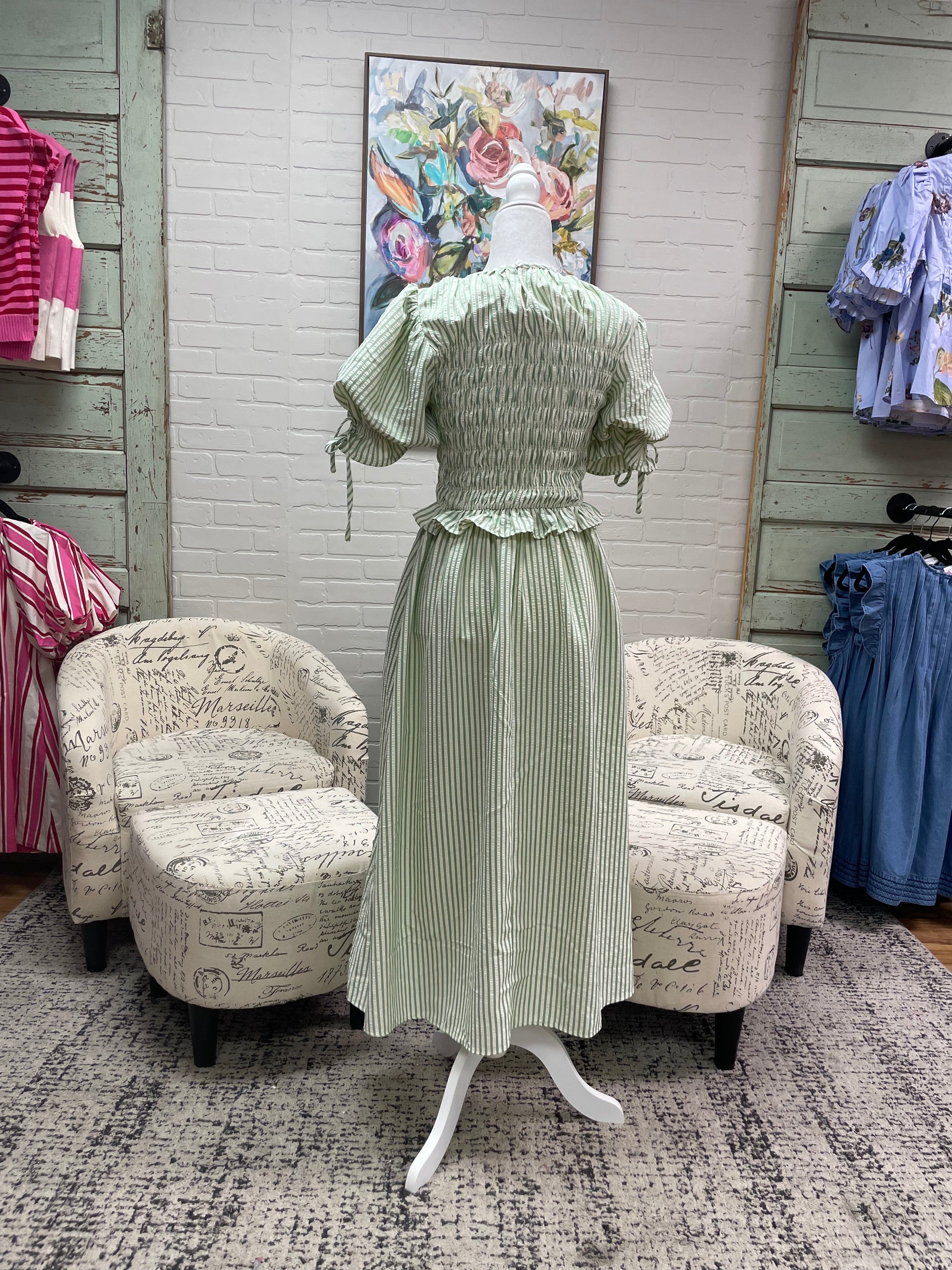 Sage Striped Midi Dress