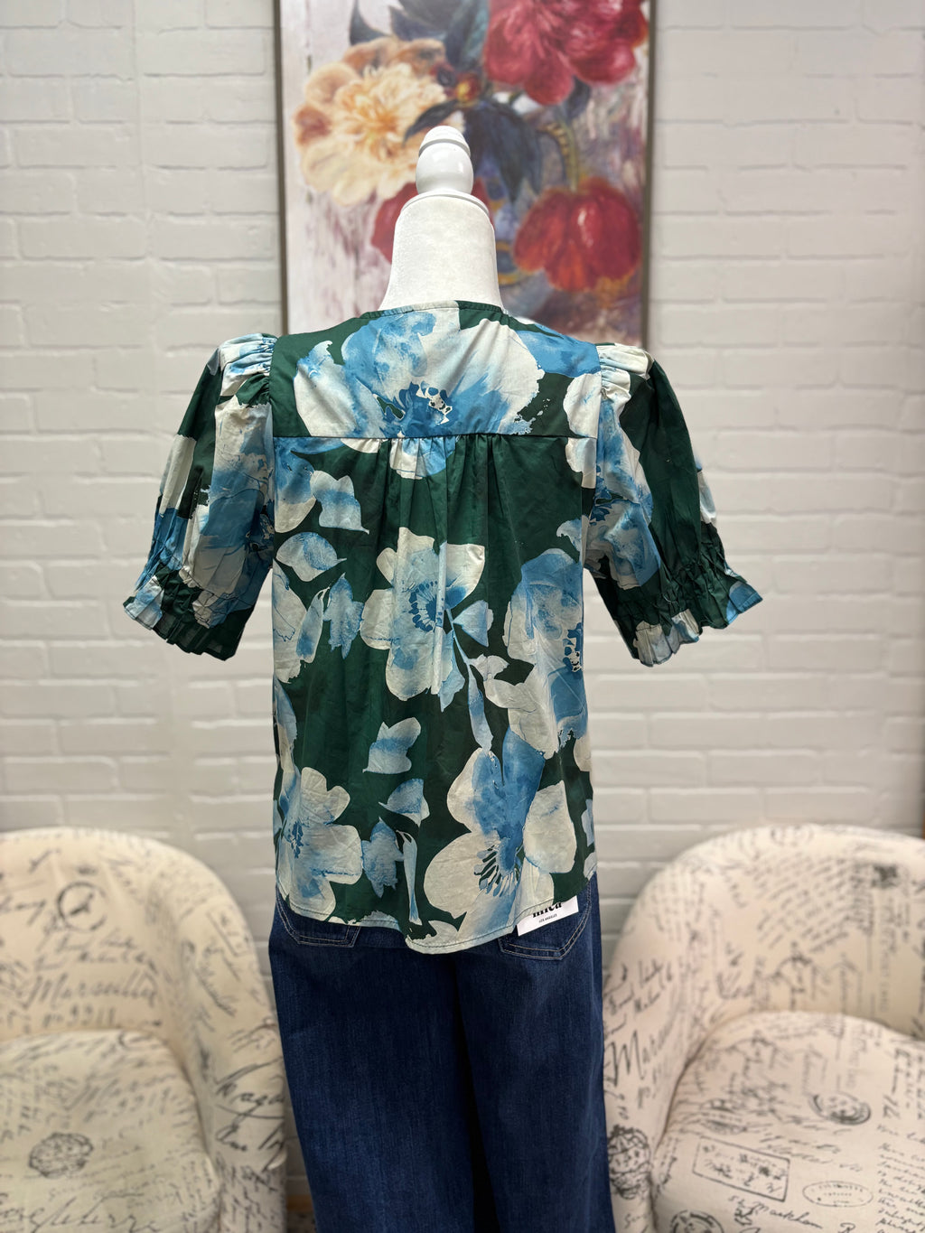 Green & Blue Floral Pintuck Blouse