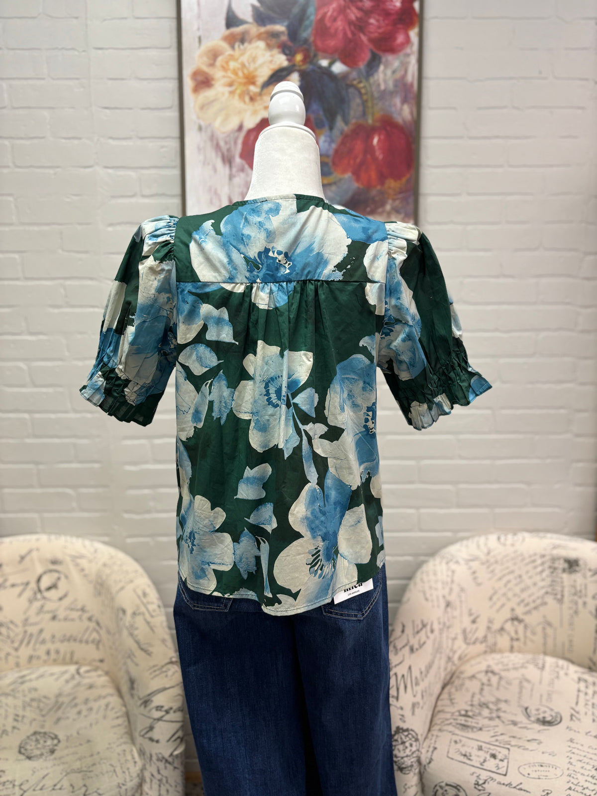 Green & Blue Floral Pintuck Blouse