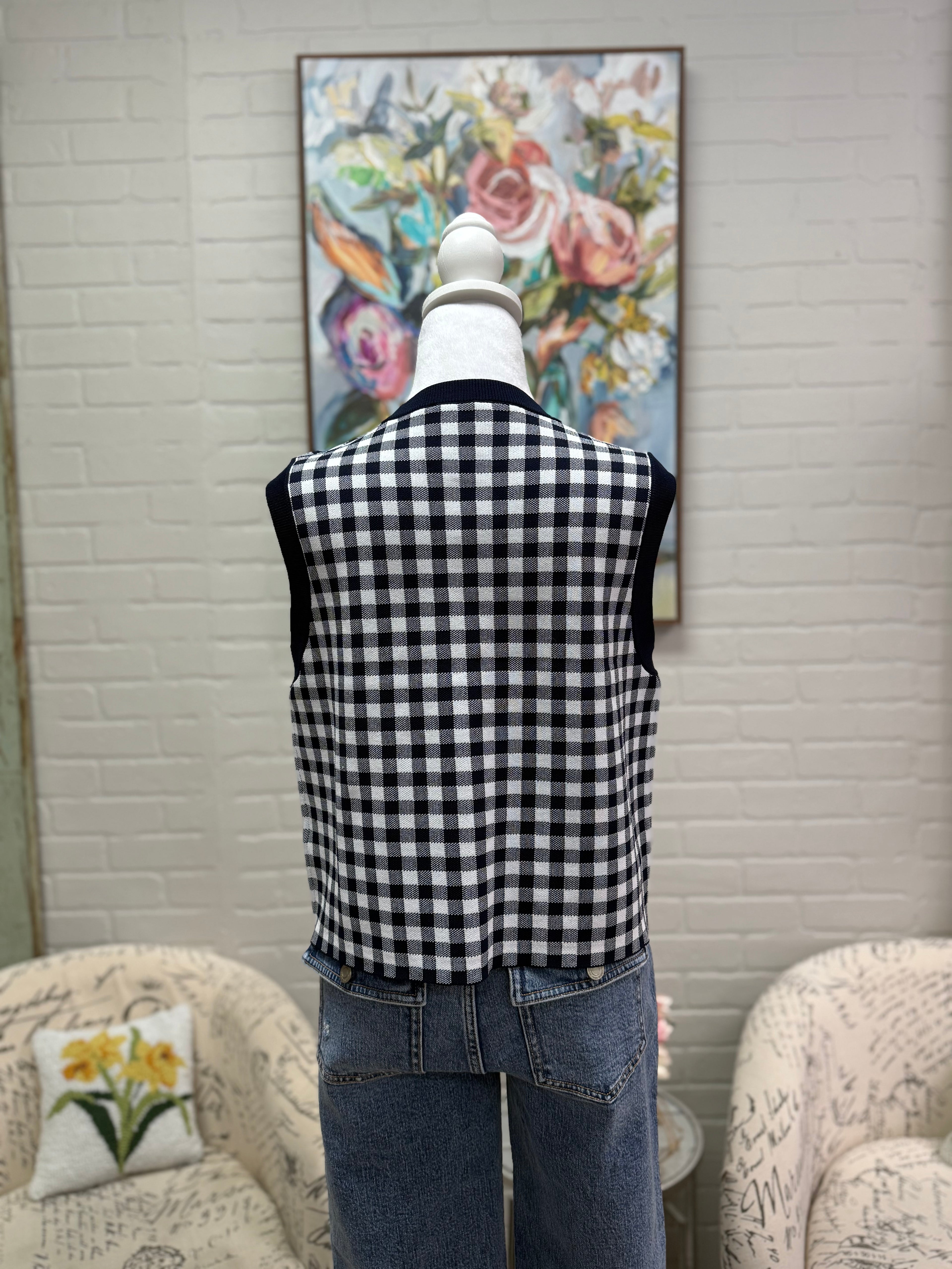 Navy Gingham Sleeveless Sweater