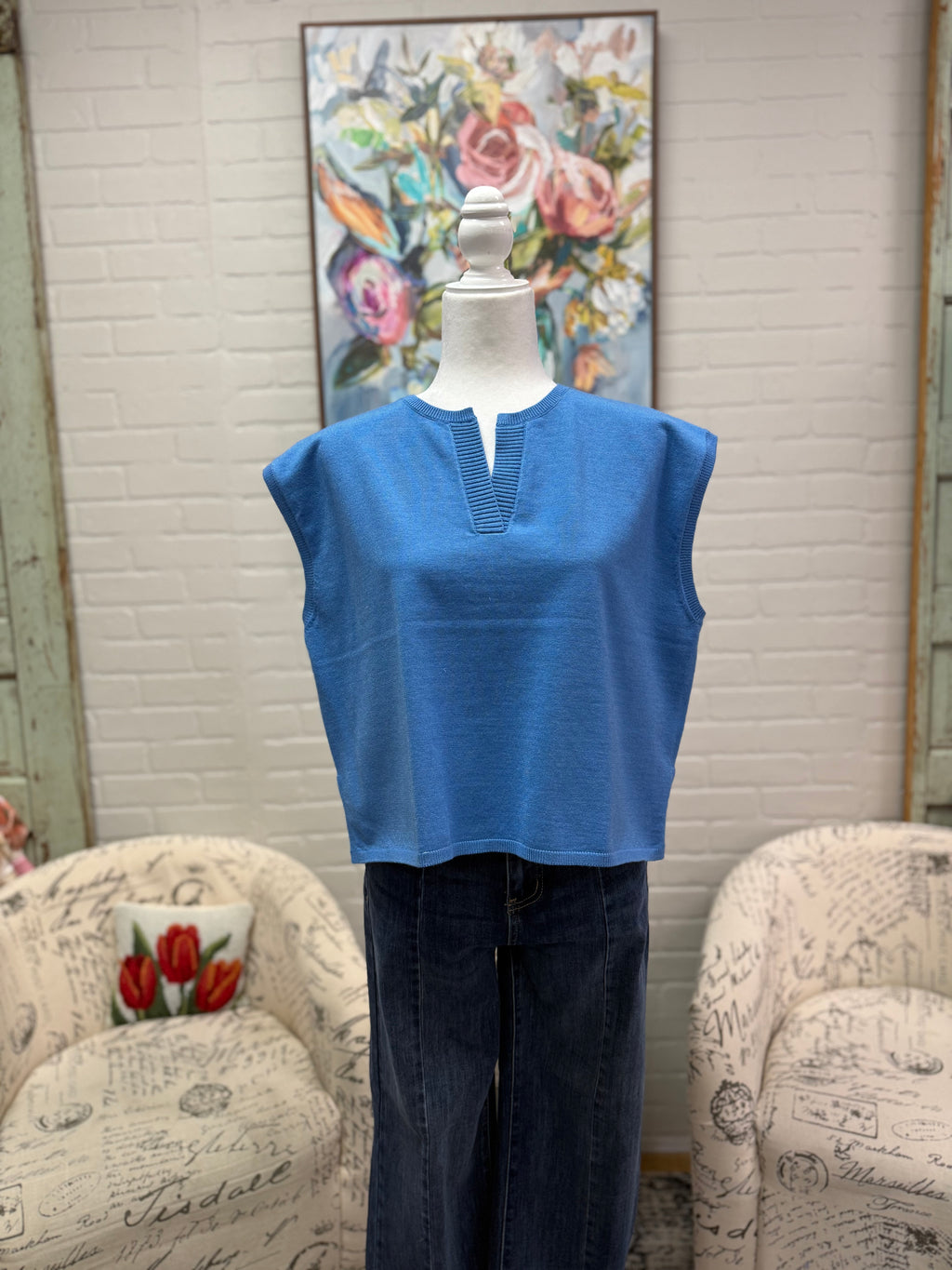 Blue Split Neck Sleeveless Sweater