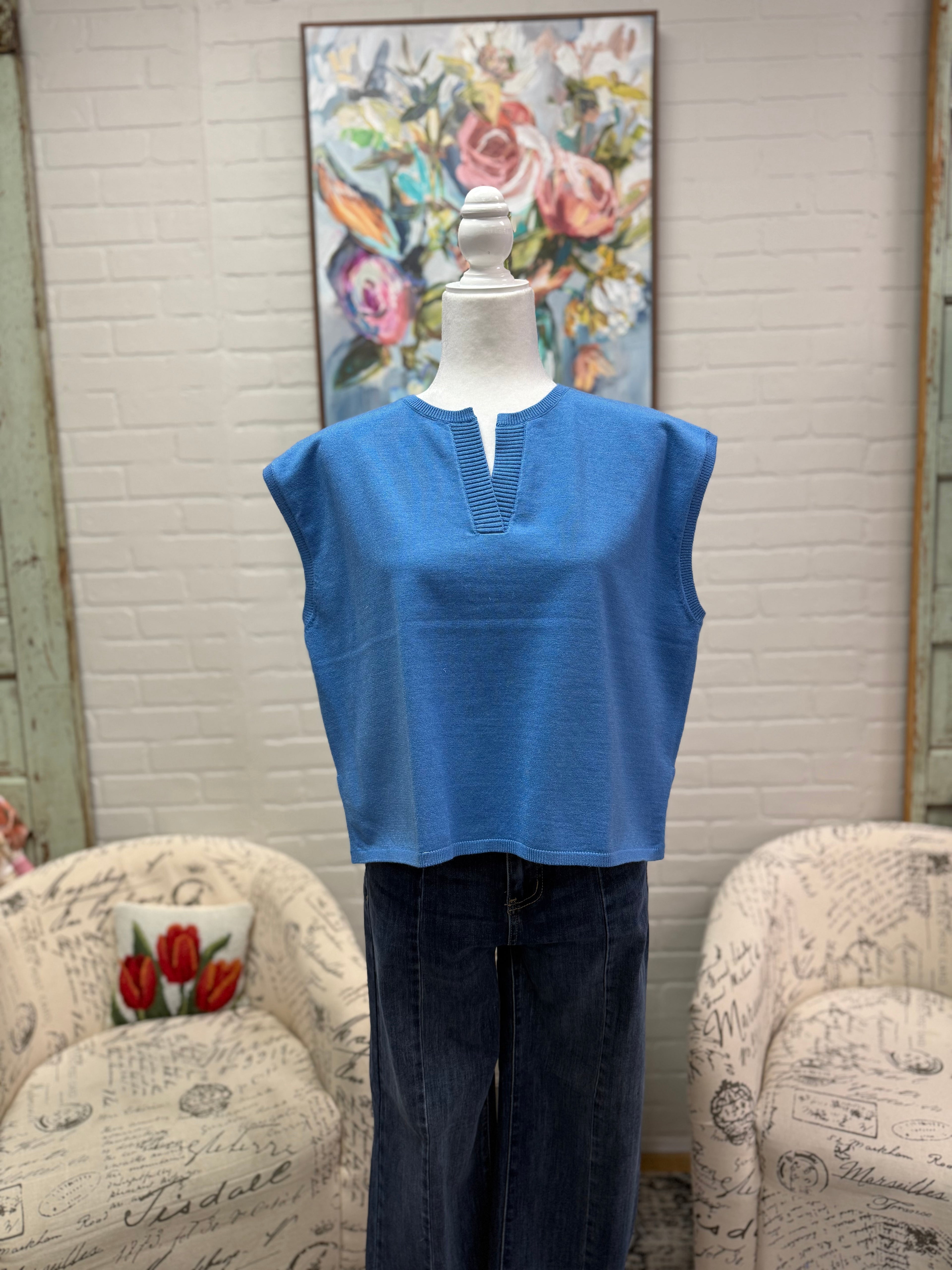 Blue Split Neck Sleeveless Sweater