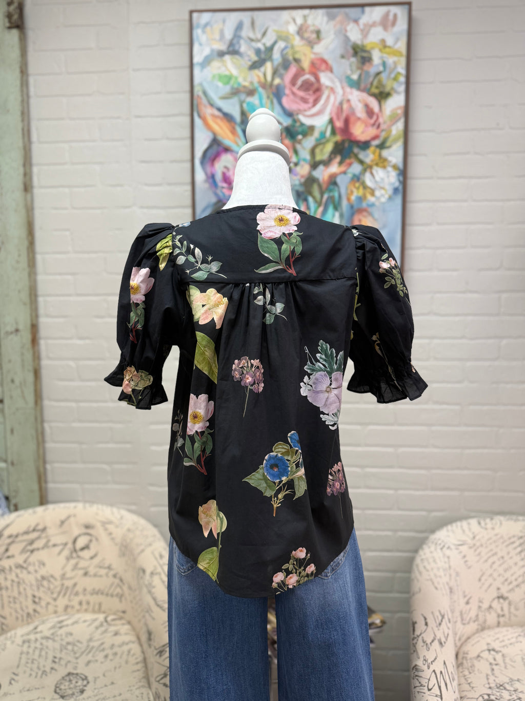 Black Floral Pintuck Blouse