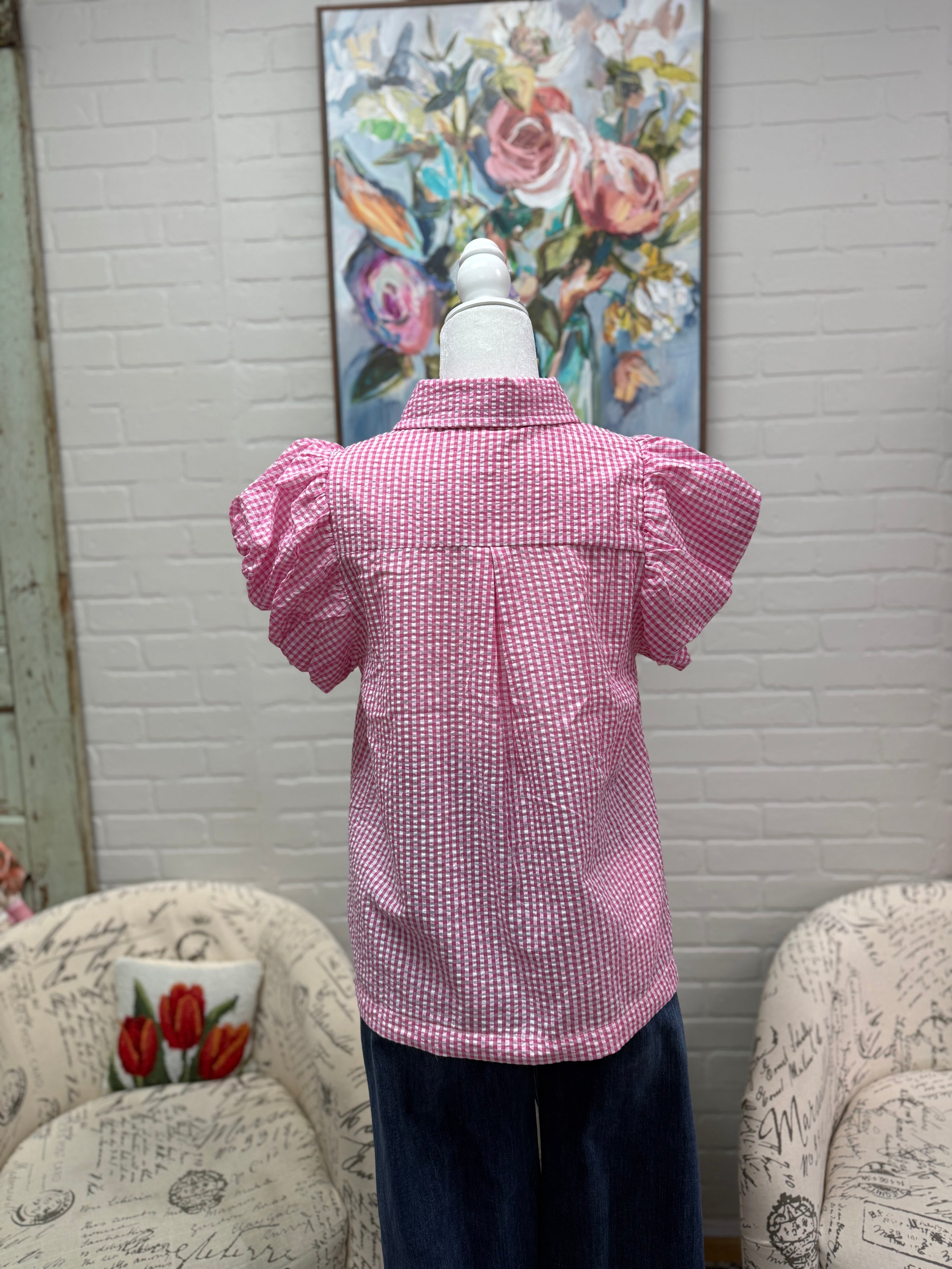 Pink Gingham Pintuck Blouse