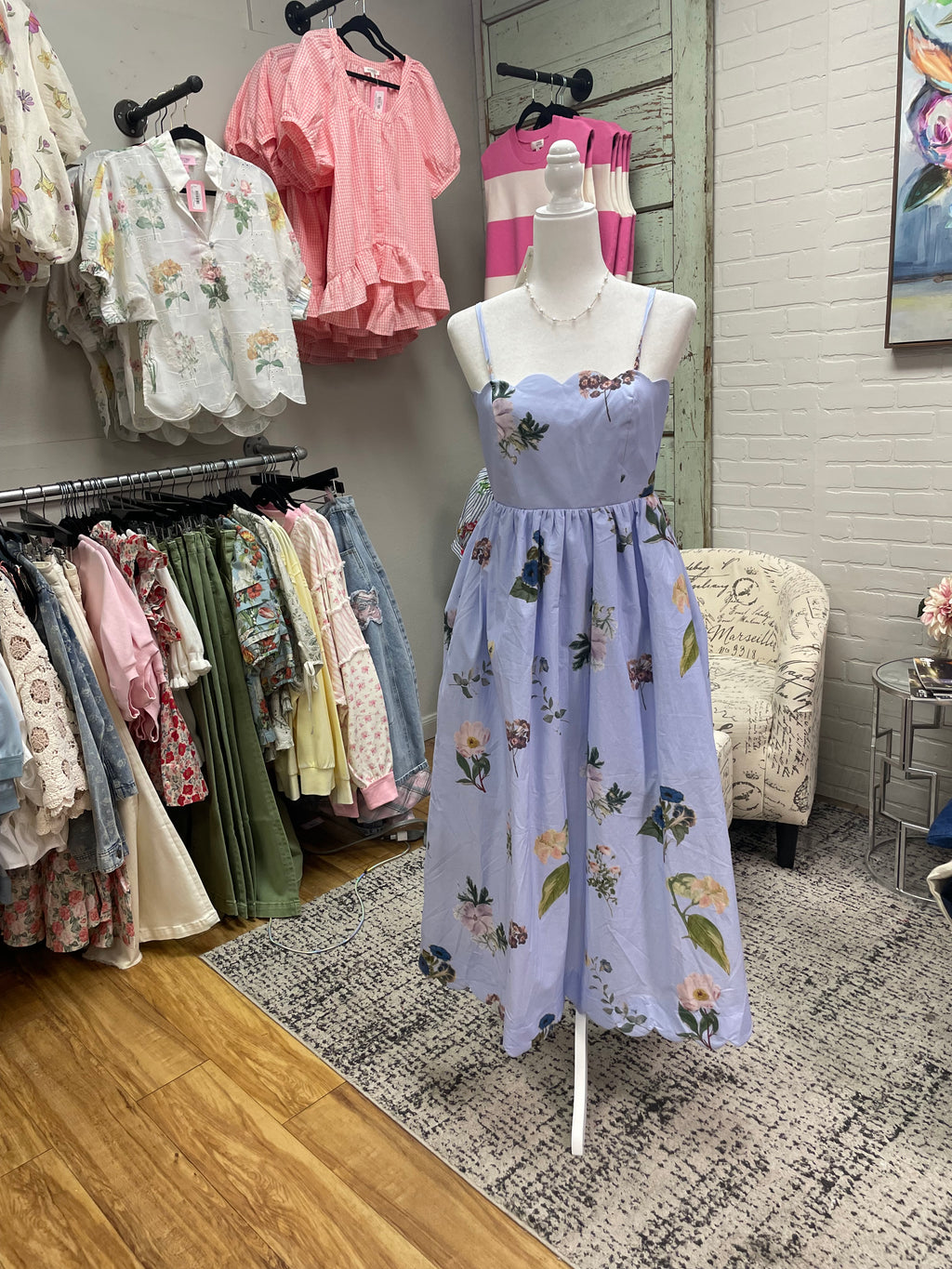 Blue Floral Tie Back Midi Dress