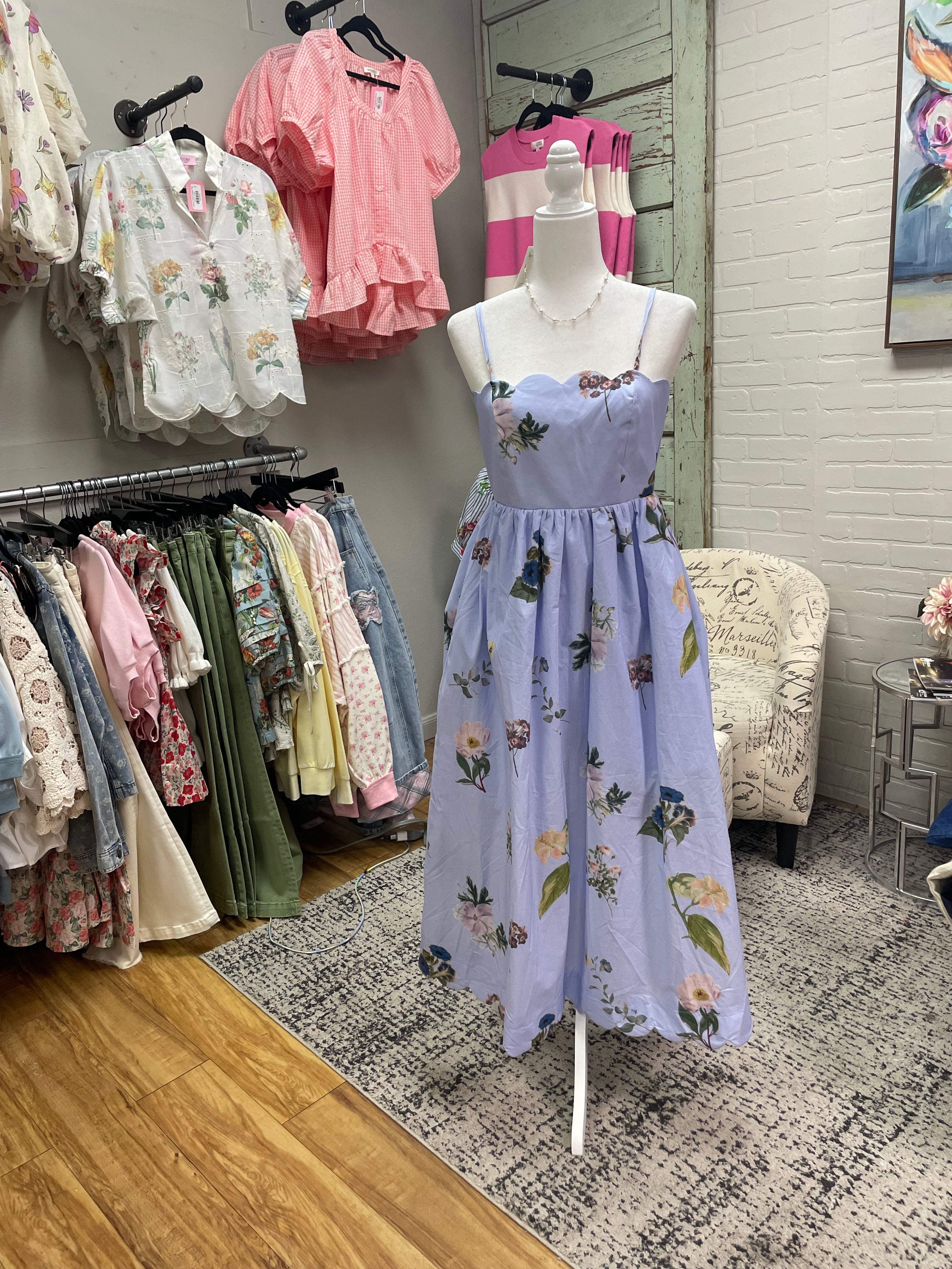 Blue Floral Tie Back Midi Dress