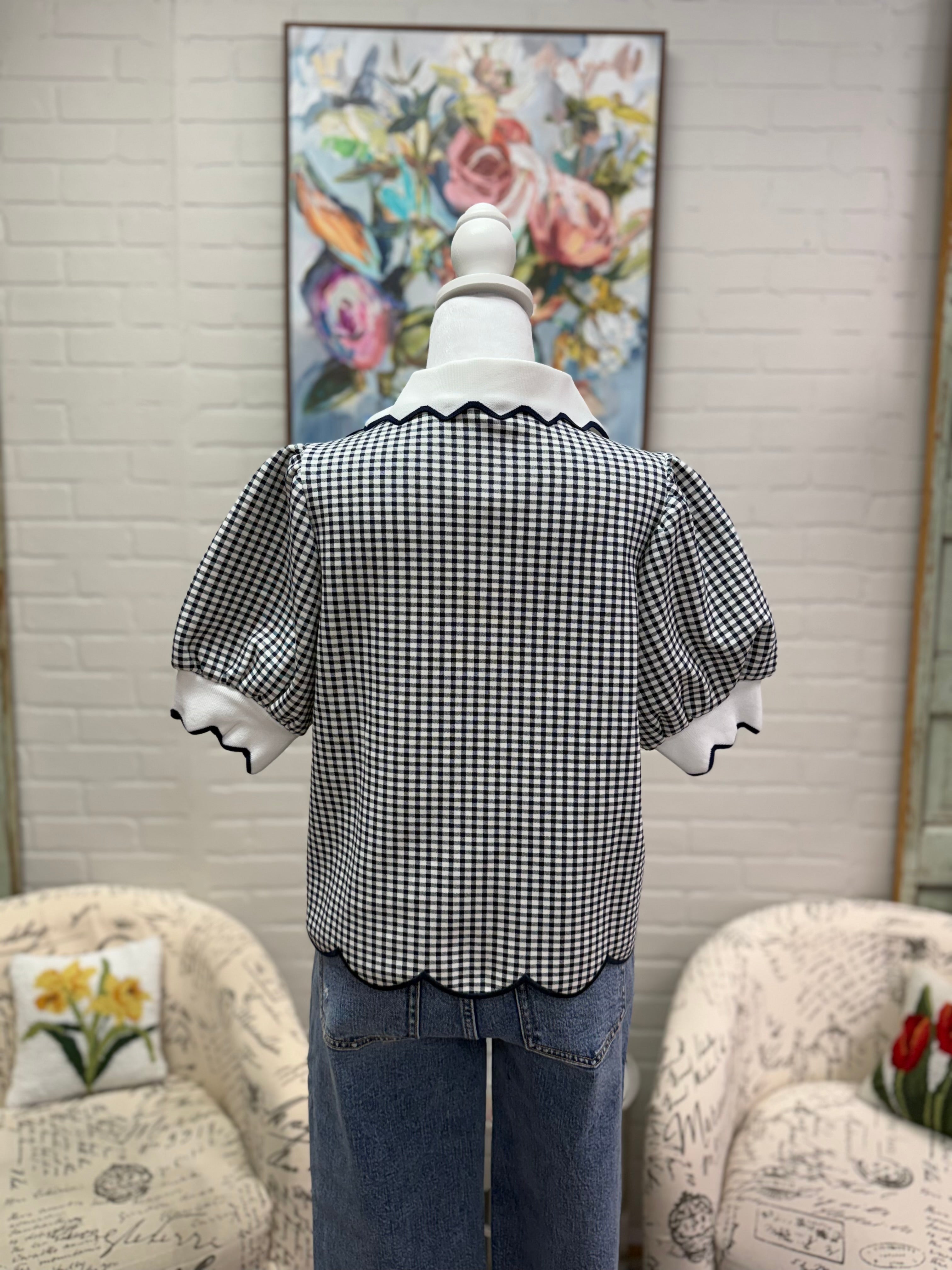 Navy Gingham Puff Sleeve Top