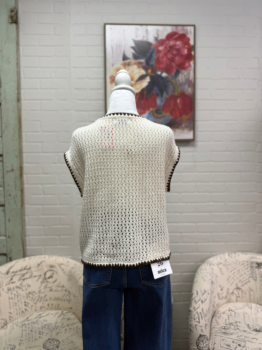 Cream Contrast Trim Sleeveless Cardigan