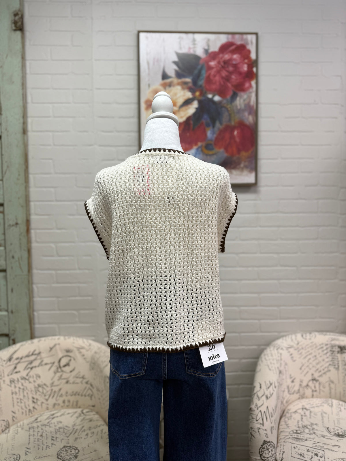 Cream Contrast Trim Sleeveless Cardigan