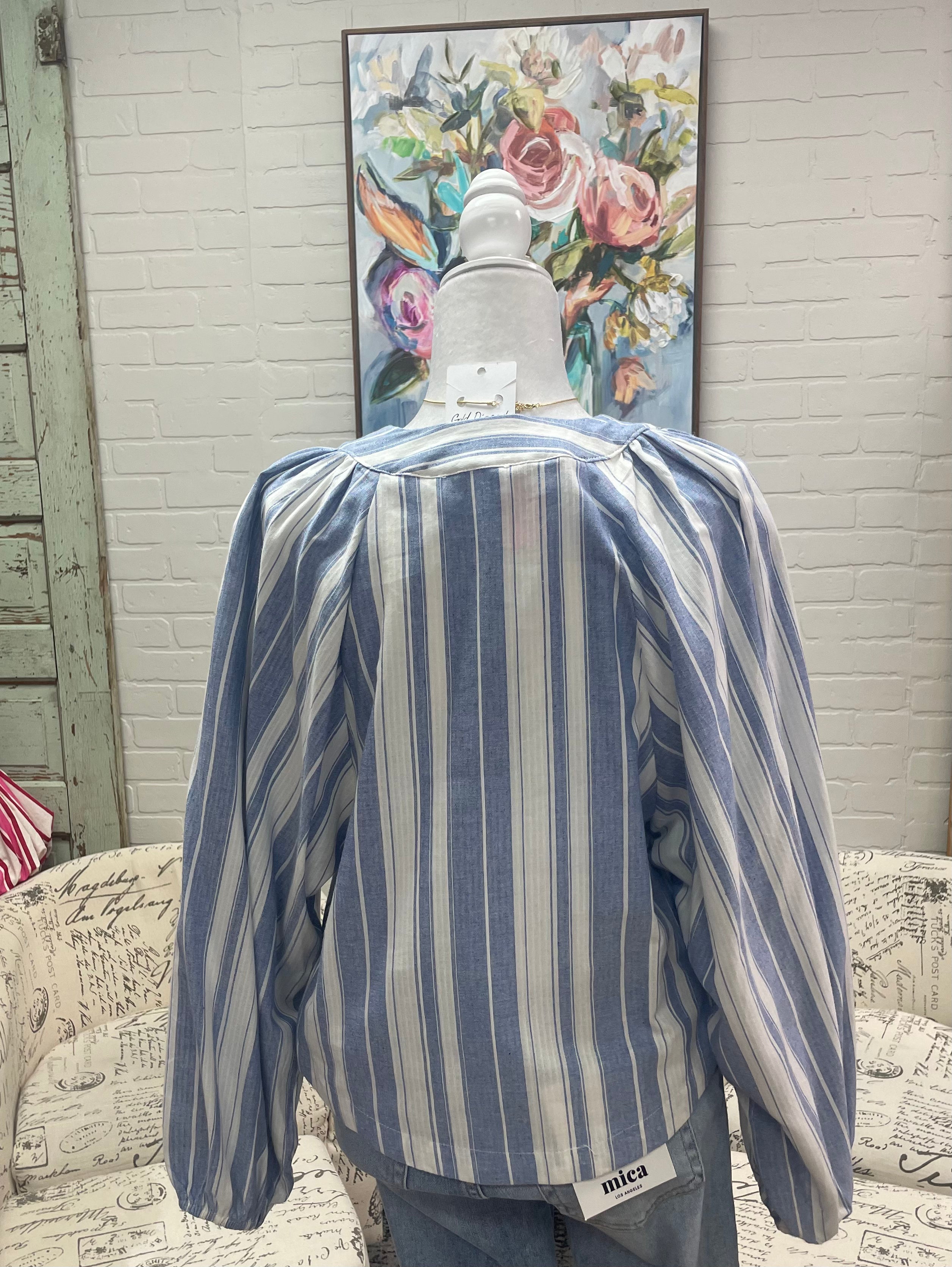 Denim Striped Lace Up Blouse