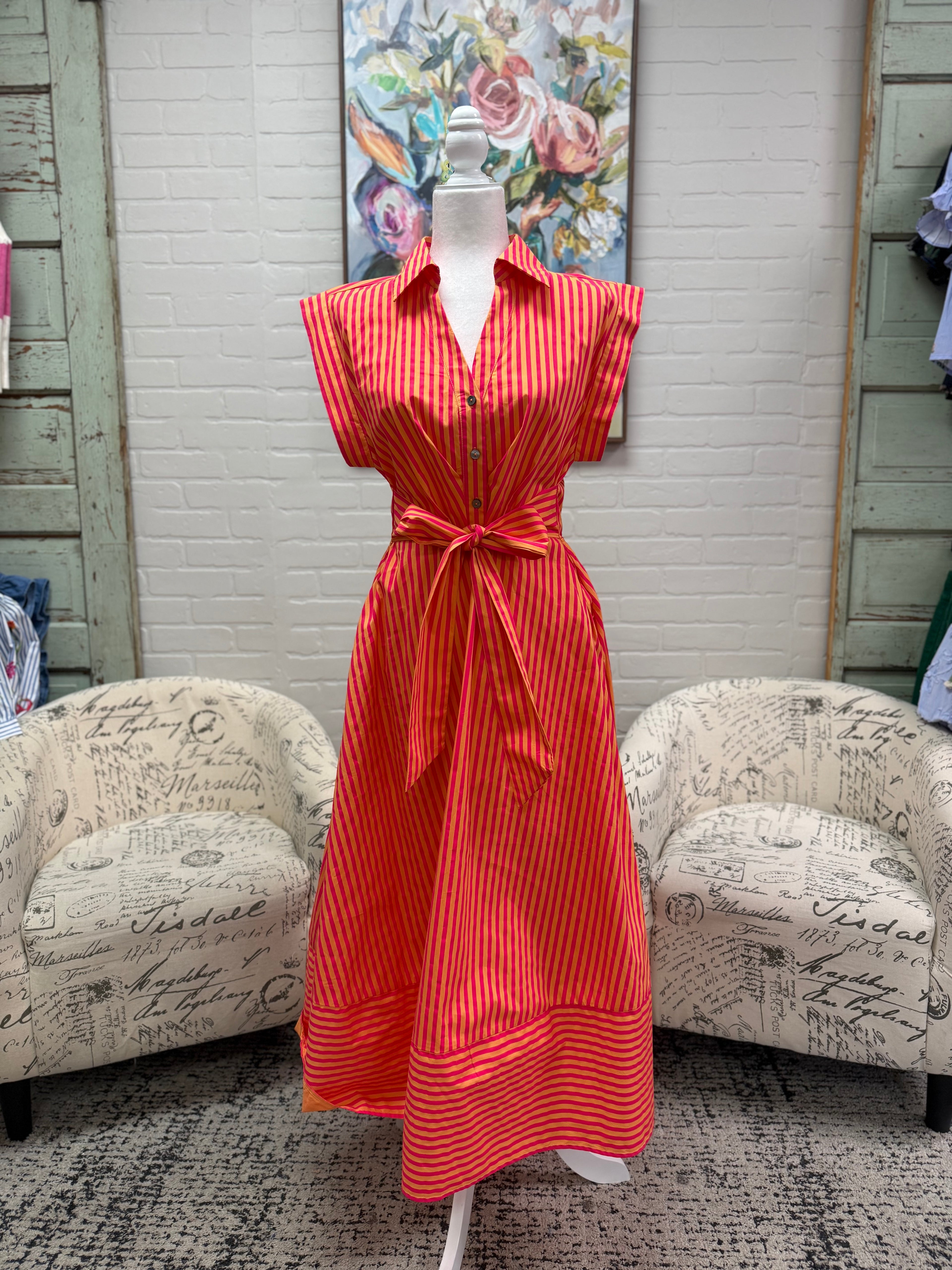 Hot Pink Striped Midi Dress (Extended Sizes)