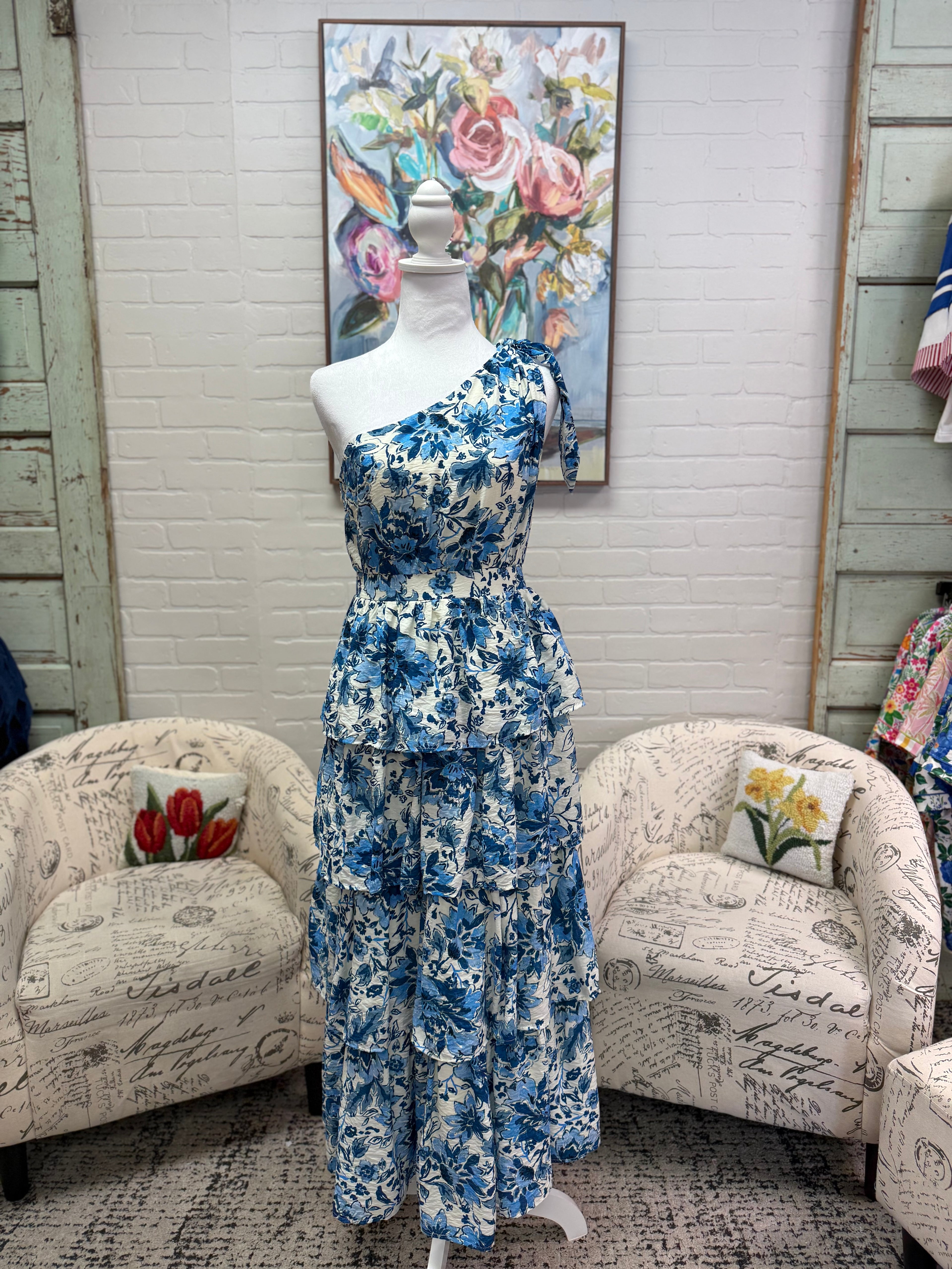 Blue Floral Tiered Midi Dress – Kay Marie Boutique