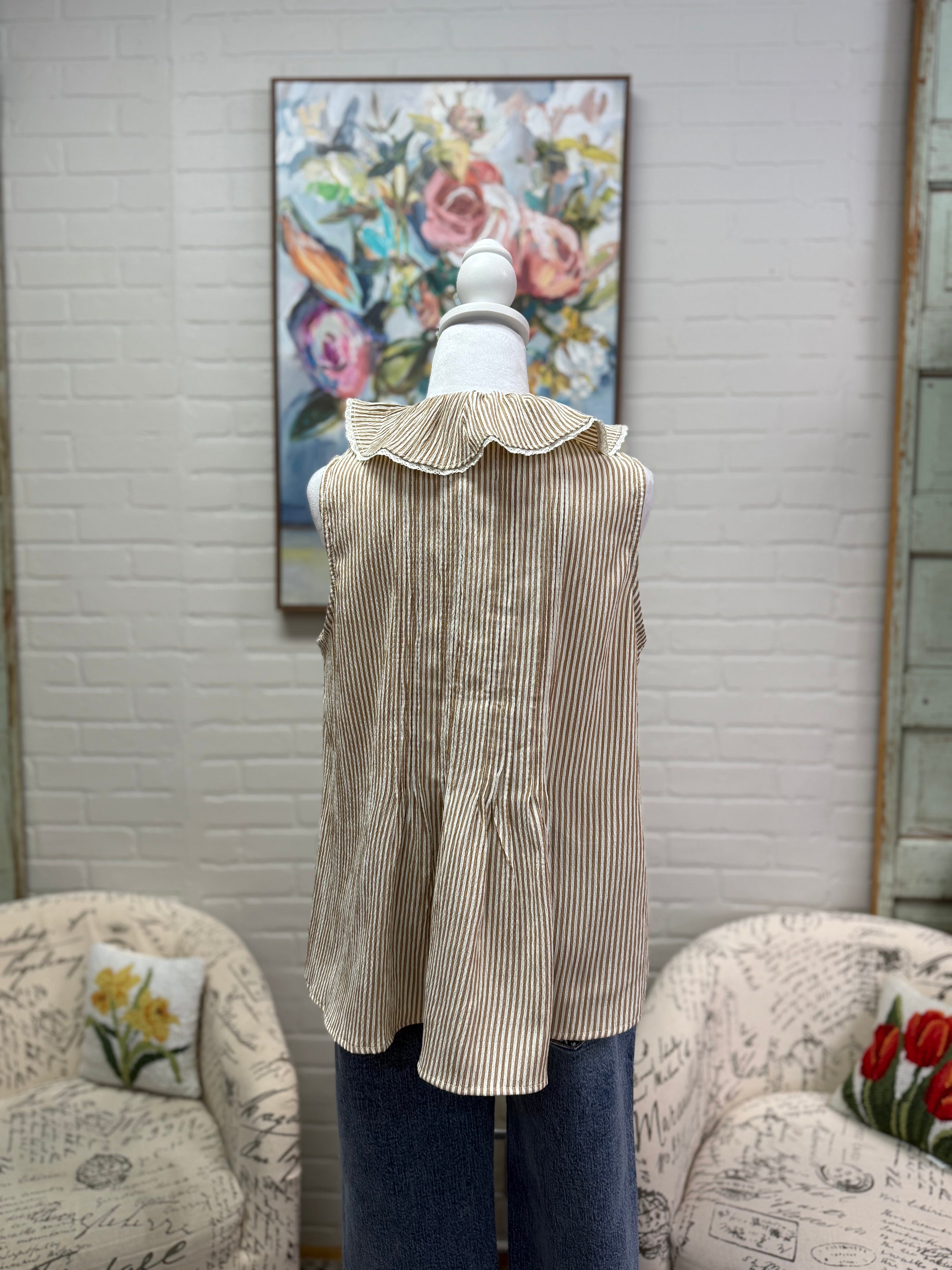 Tan Striped Pintuck Blouse