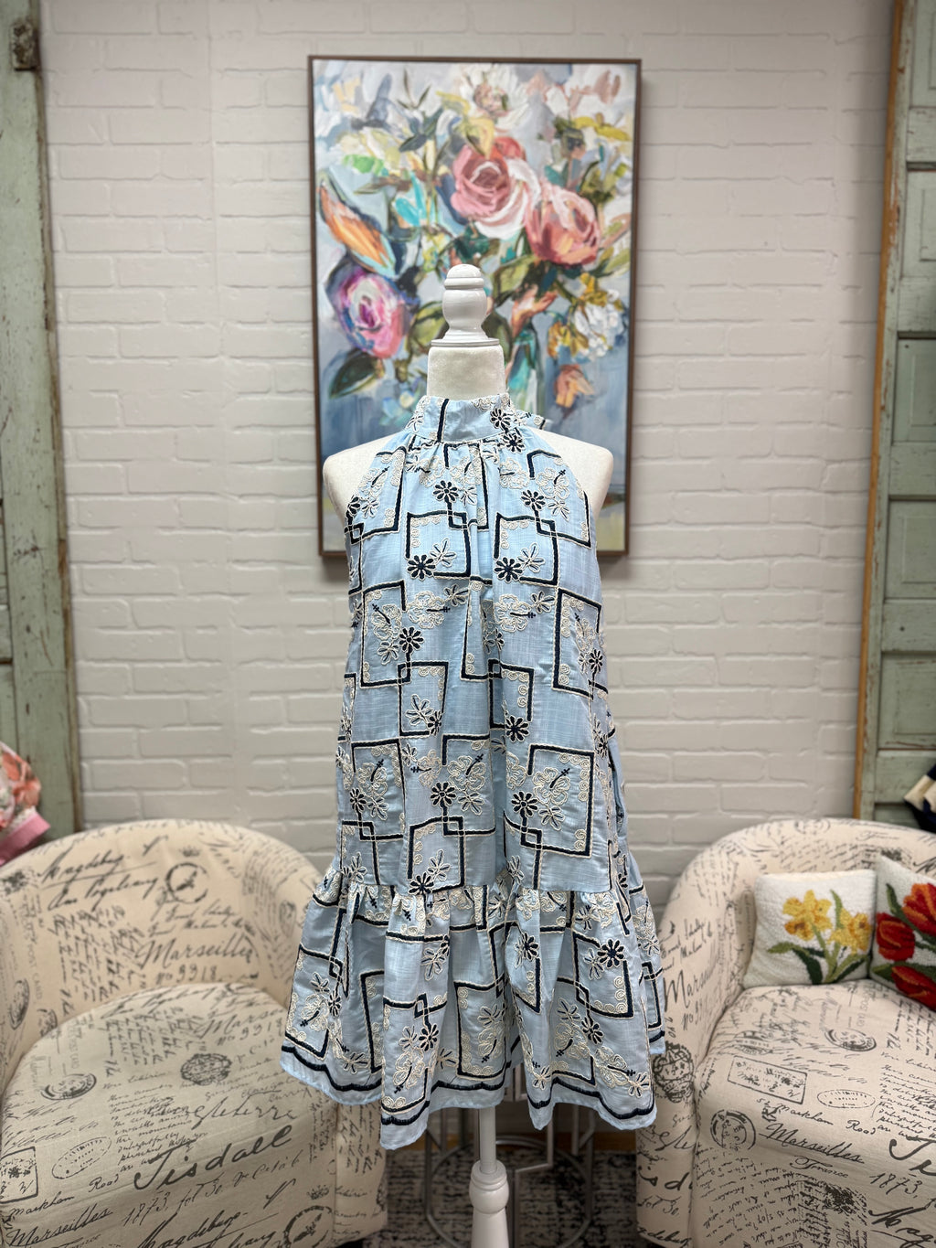 Blue Embroidered Halter Mini Dress