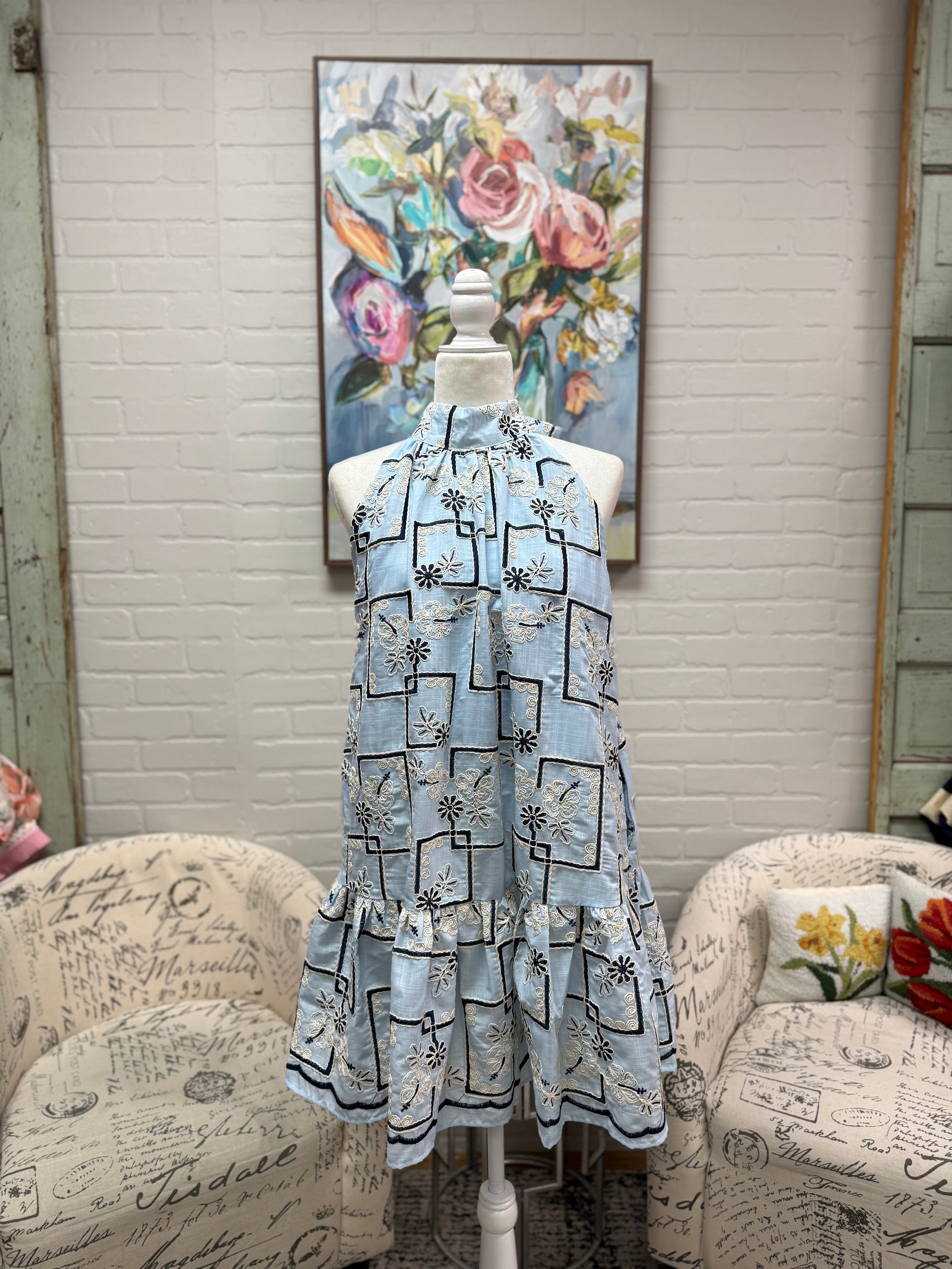 Blue Embroidered Halter Mini Dress
