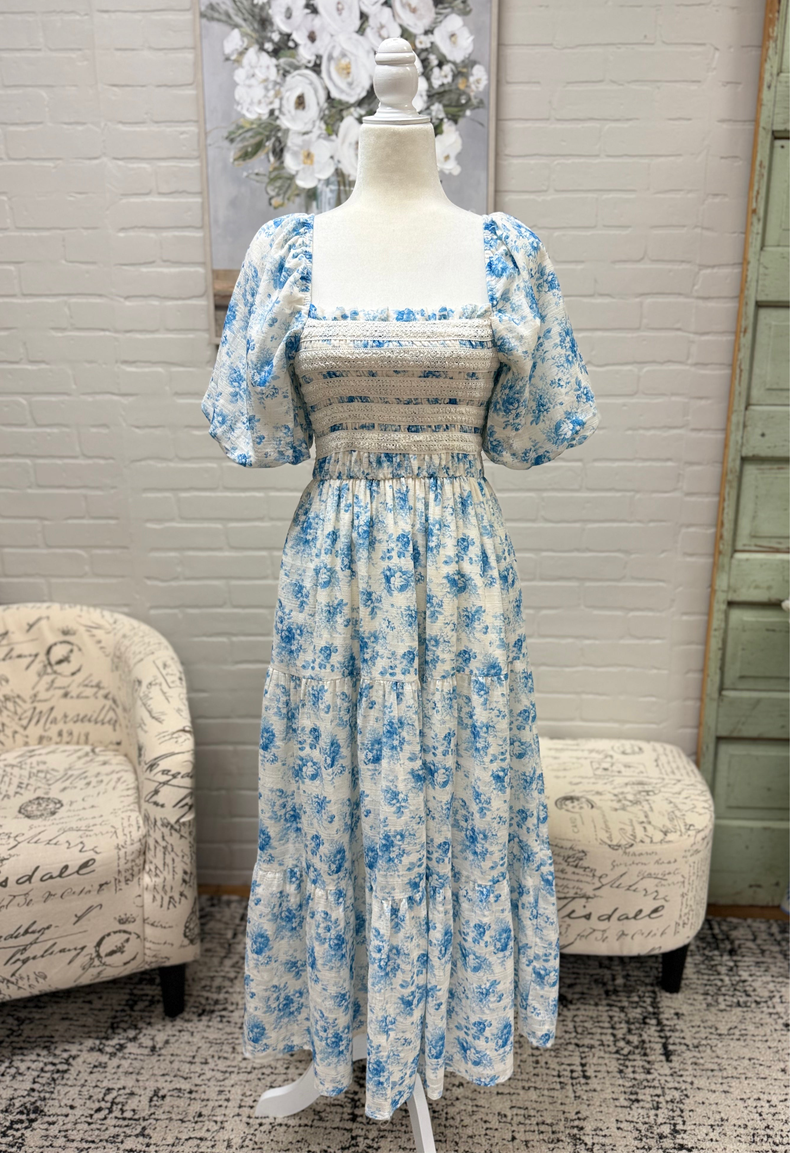 Blue Floral Puff Sleeved Midi