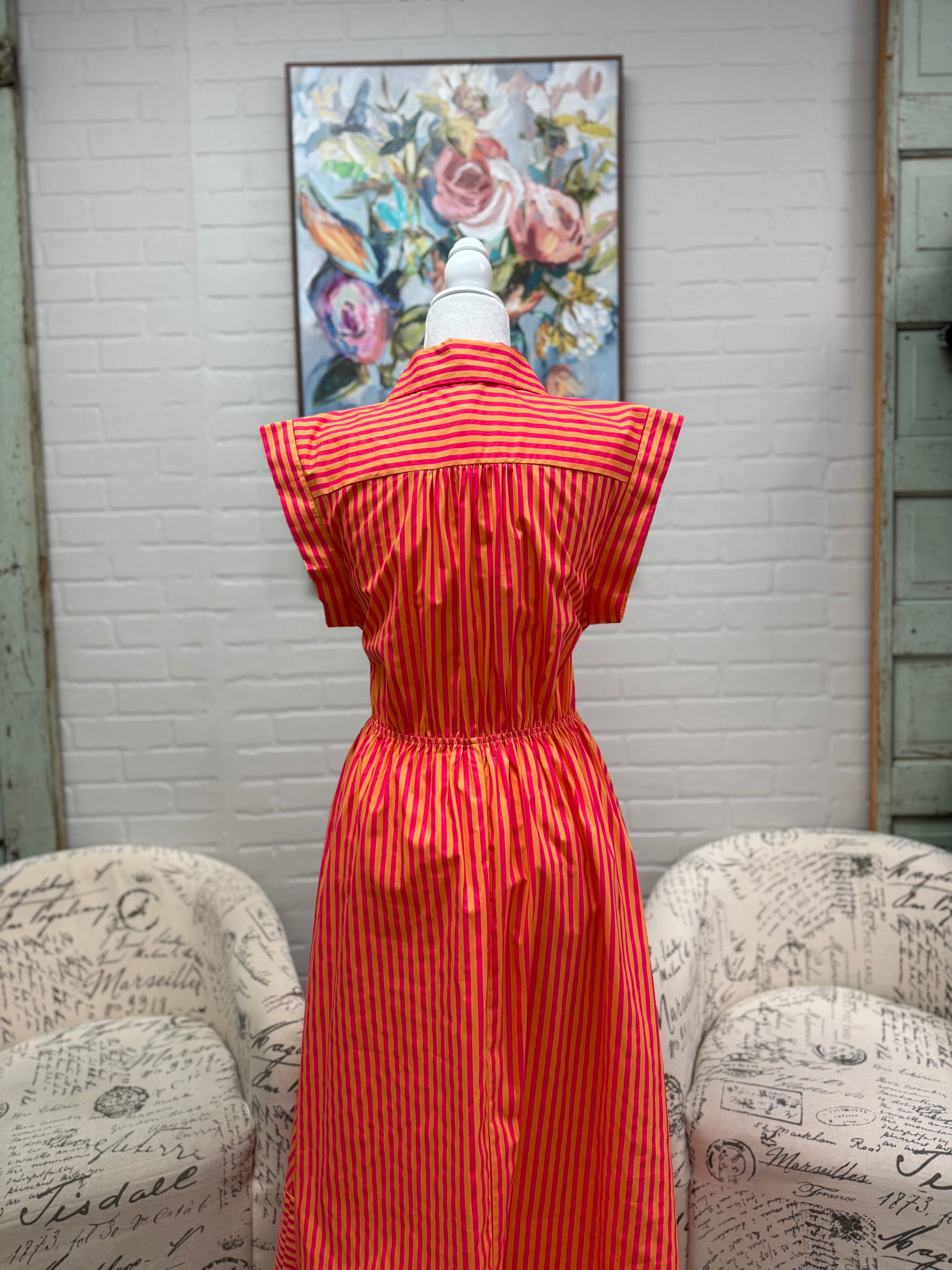 Hot Pink Striped Midi Dress (Extended Sizes)