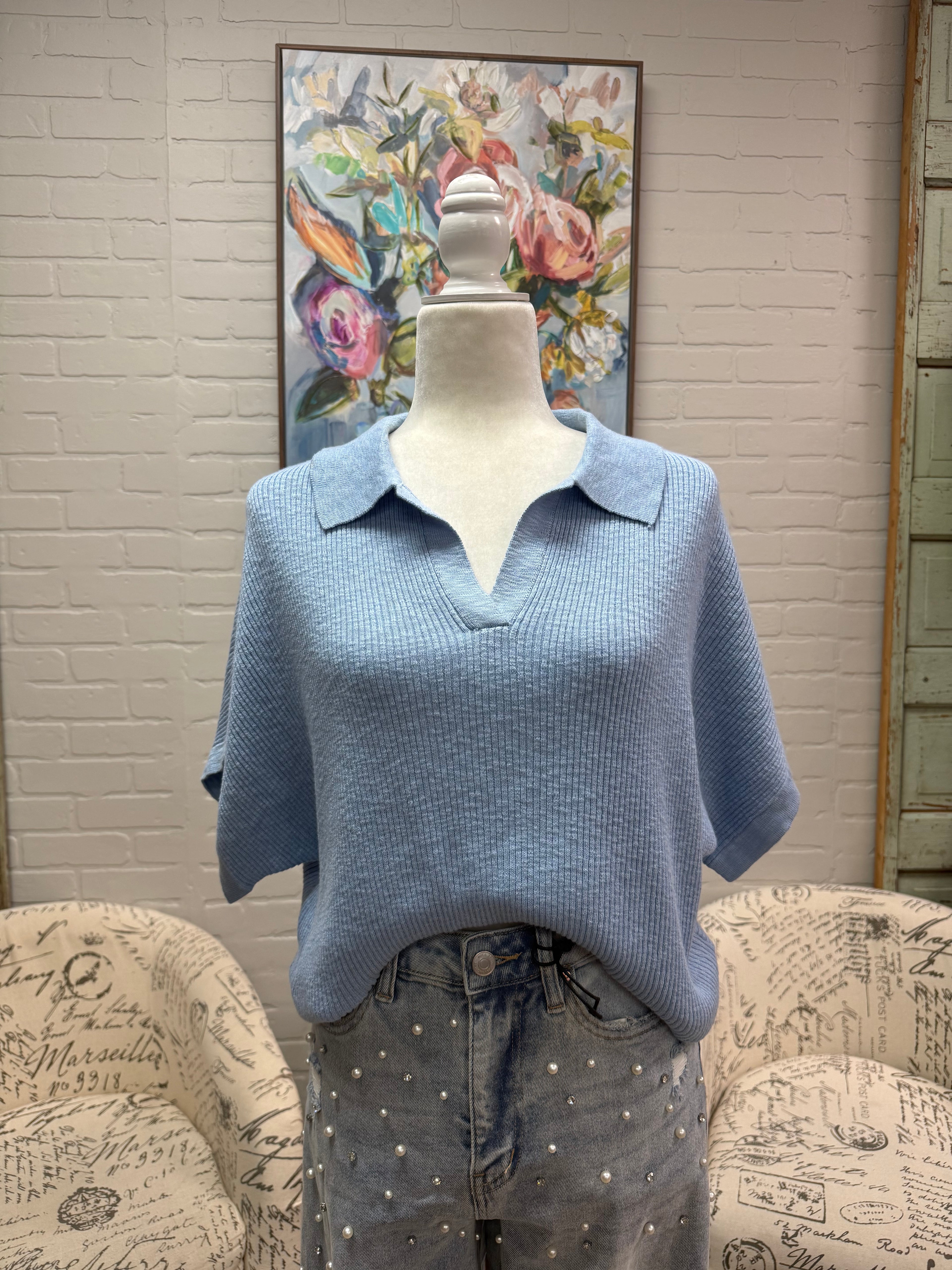 Blue Knit Sweater w/ Dolman Sleeves