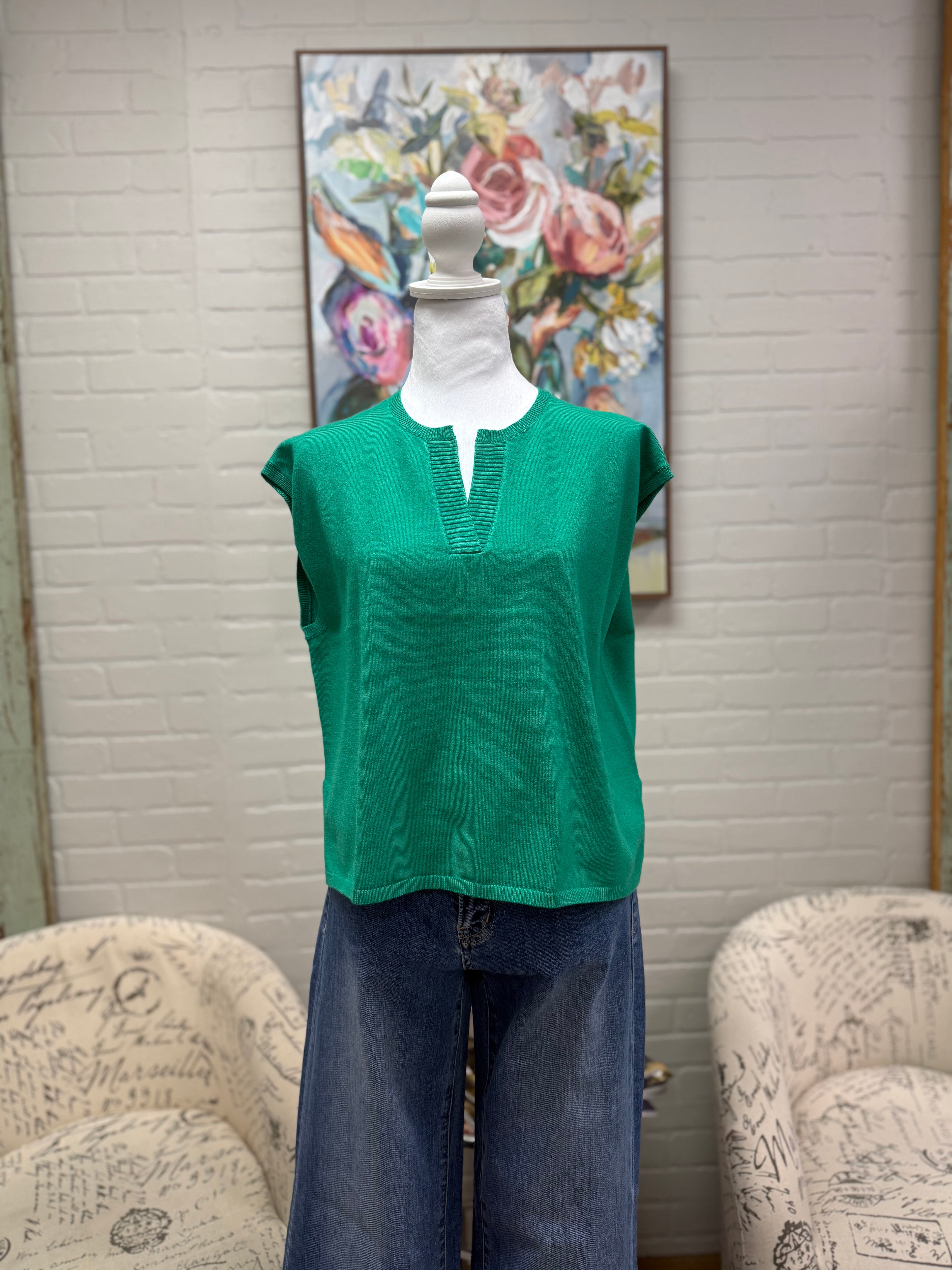 Green Split Neck Sleeveless Sweater