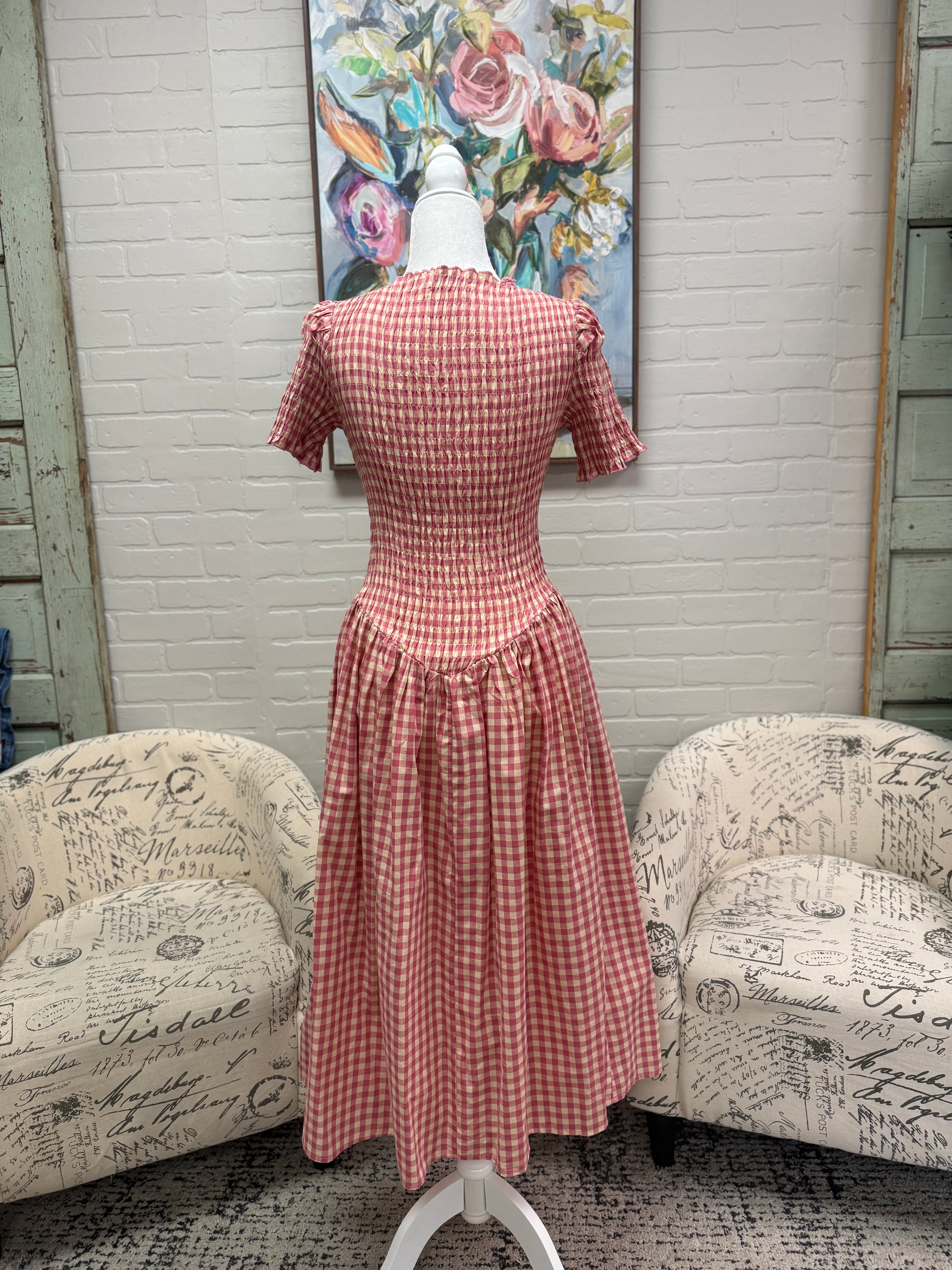 Pink Gingham Midi Dress