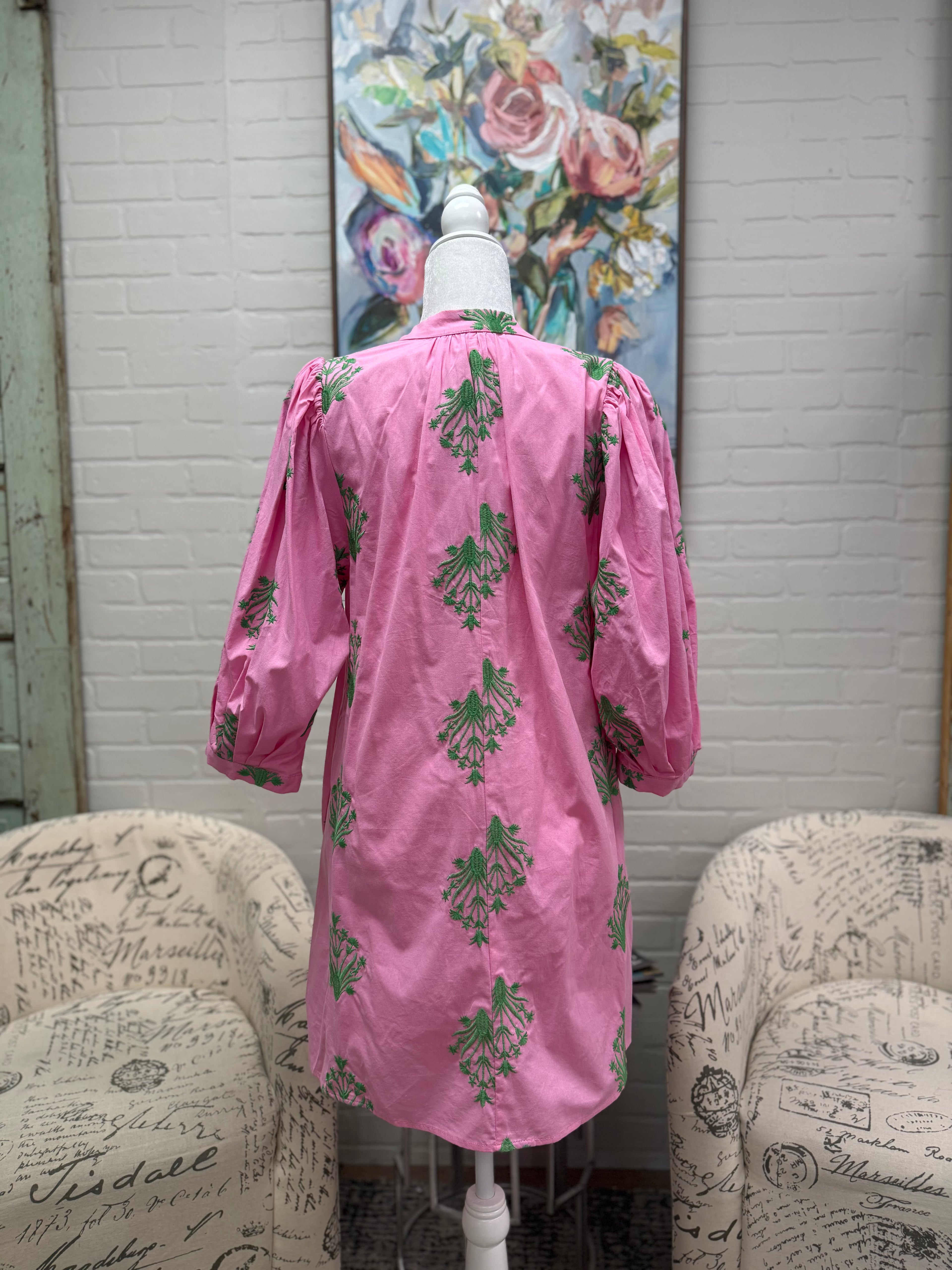 Pink Embroidered 3/4 Sleeve Mini Dress