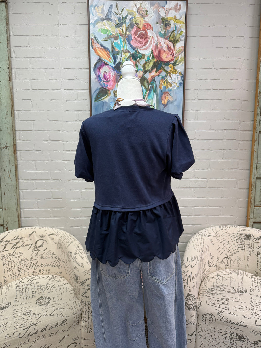 Navy Puff Sleeve Scallop Top
