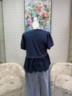 Navy Puff Sleeve Scallop Top