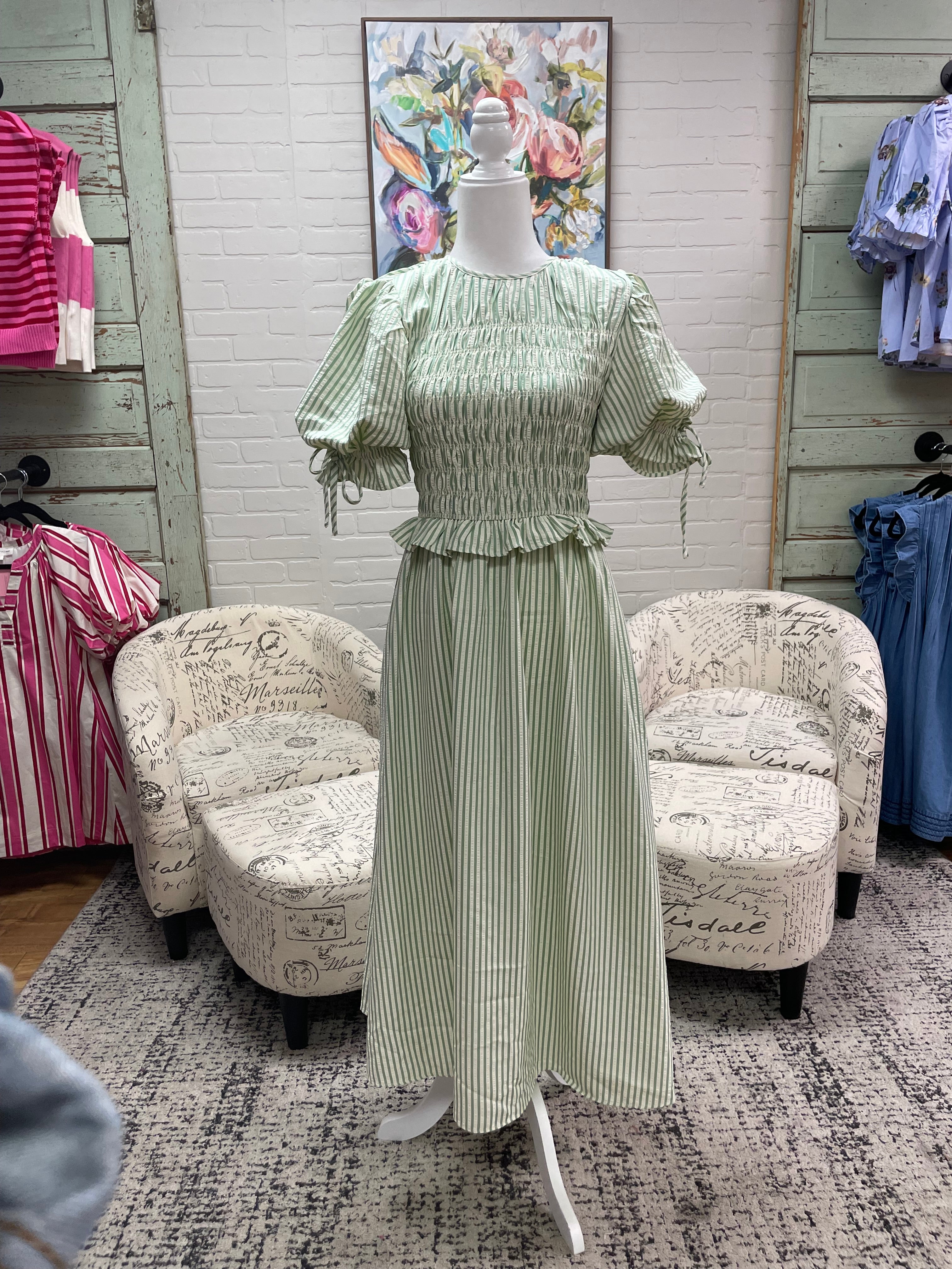 Sage Striped Midi Dress Large Sage Striped Midi Dress Large