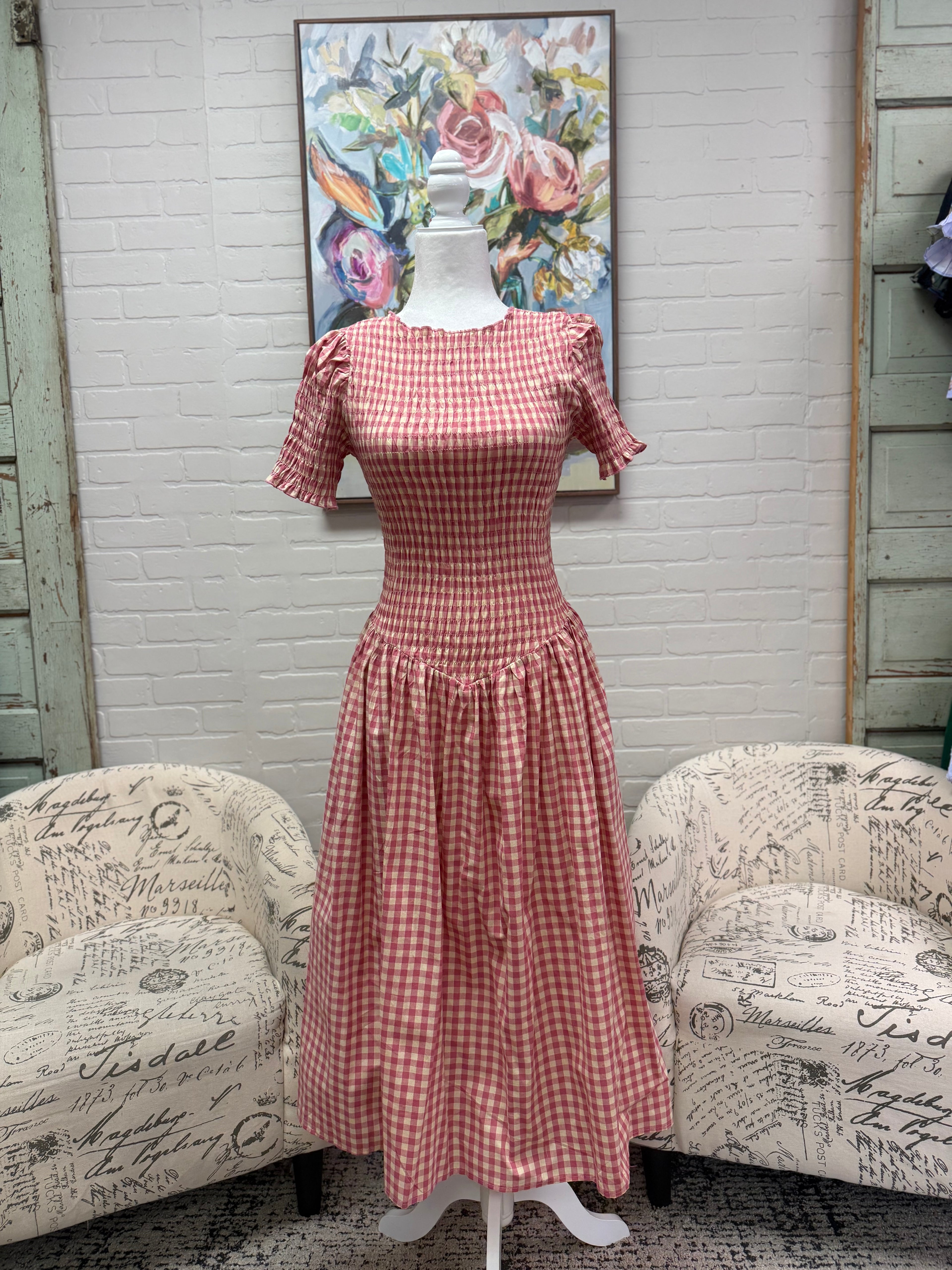 Pink Gingham Midi Dress