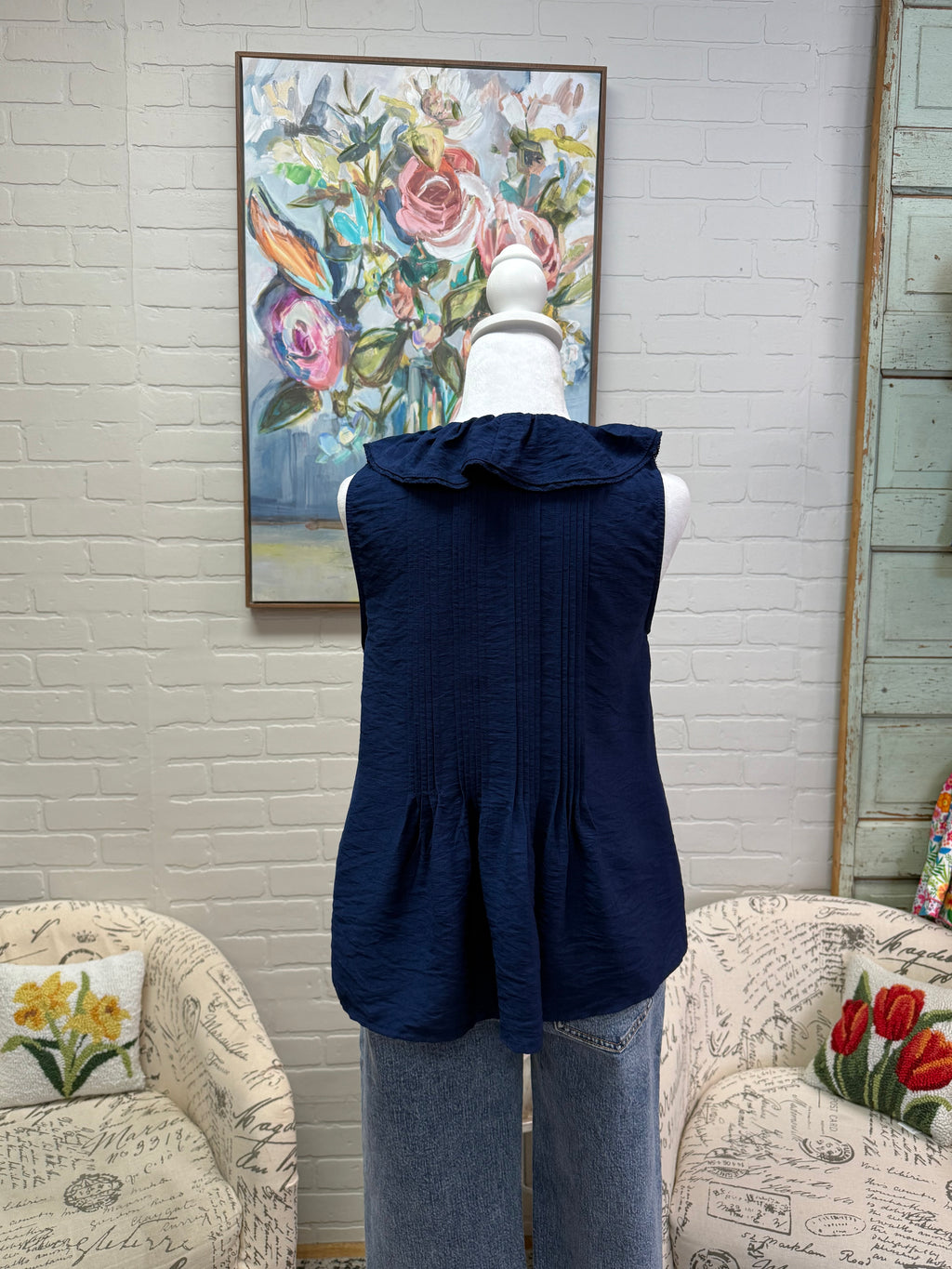 Navy Ruffle Blouse