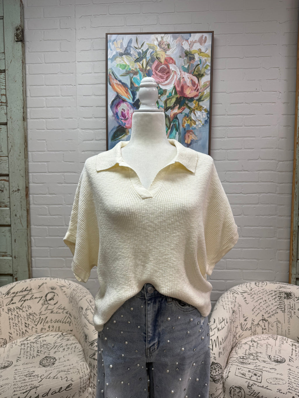 Cream Knit Sweater w/ Dolman Sleeves