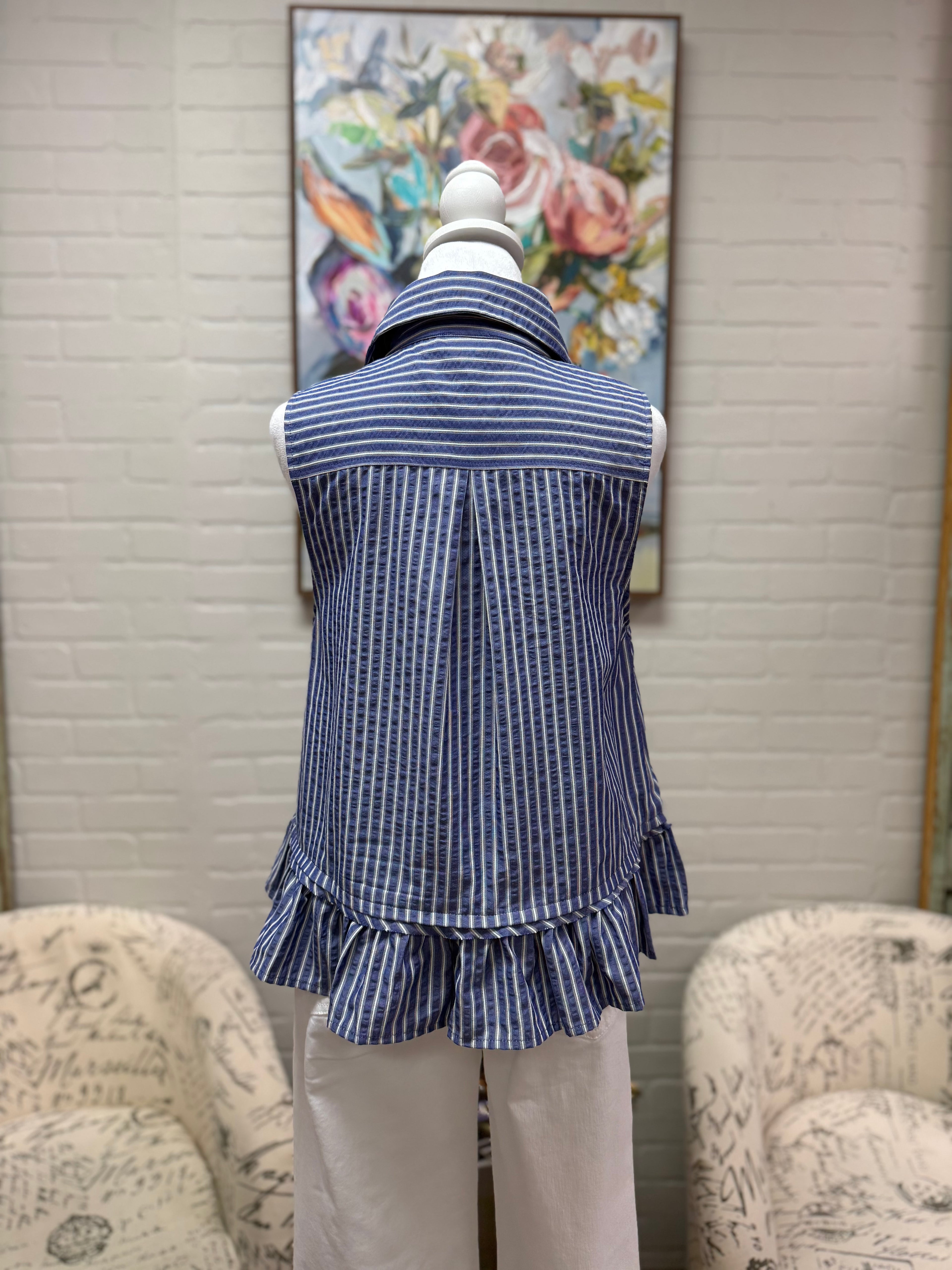 Blue Striped Sleeveless Top w/ Ruffle Hem