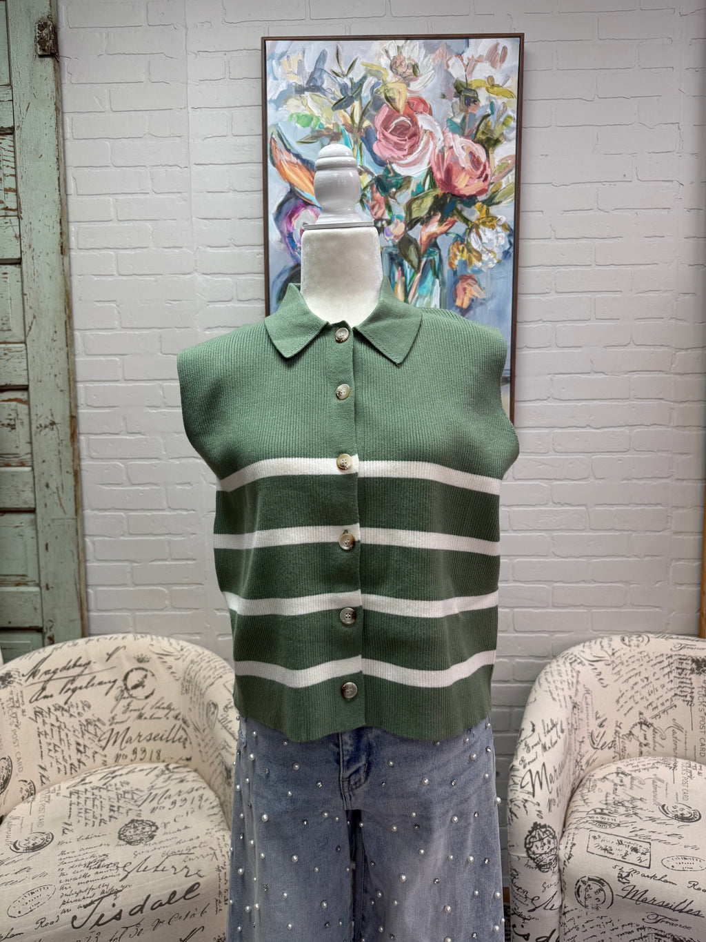 Sage Striped Button Down Sweater