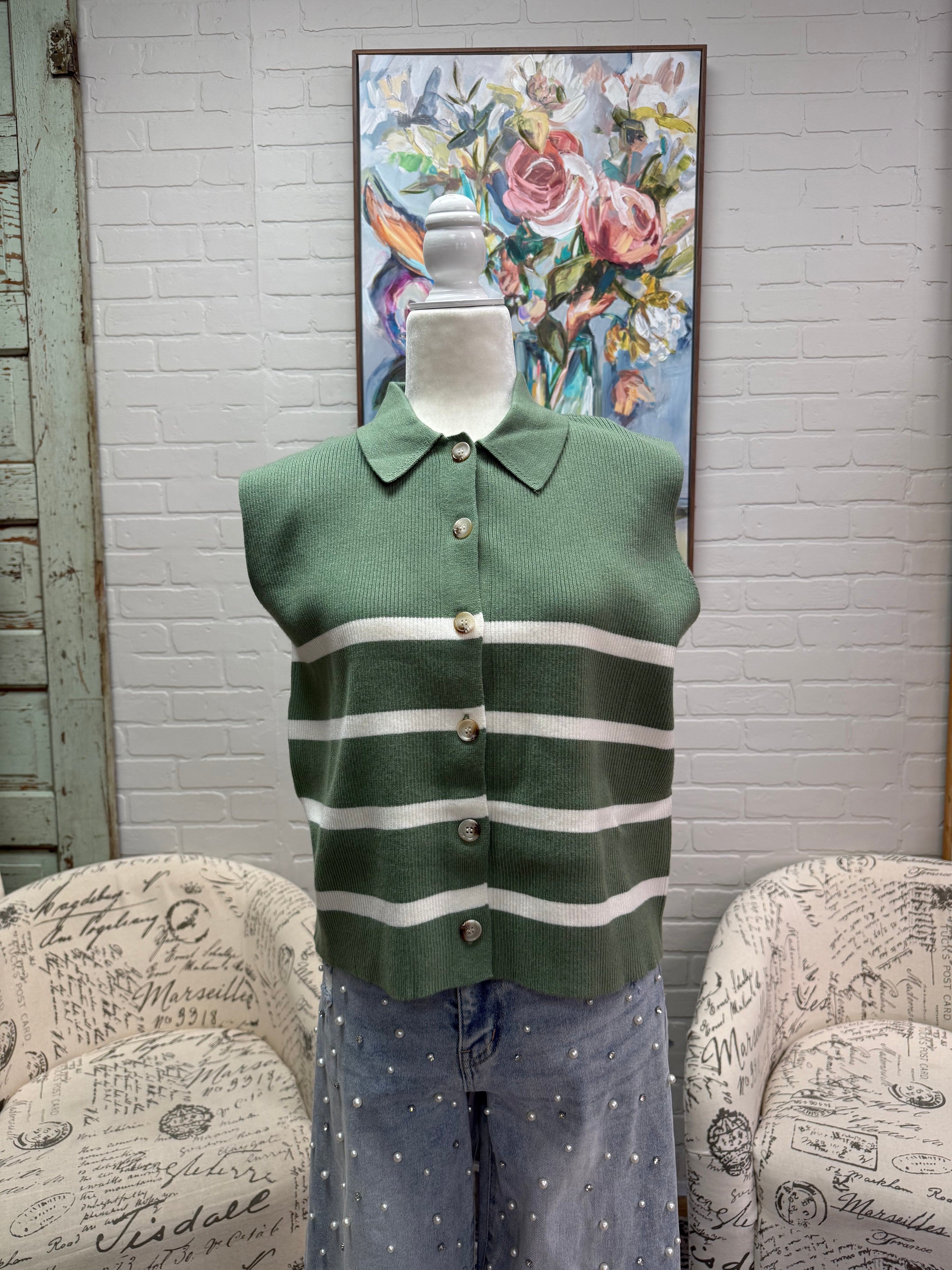 Sage Striped Button Down Sweater