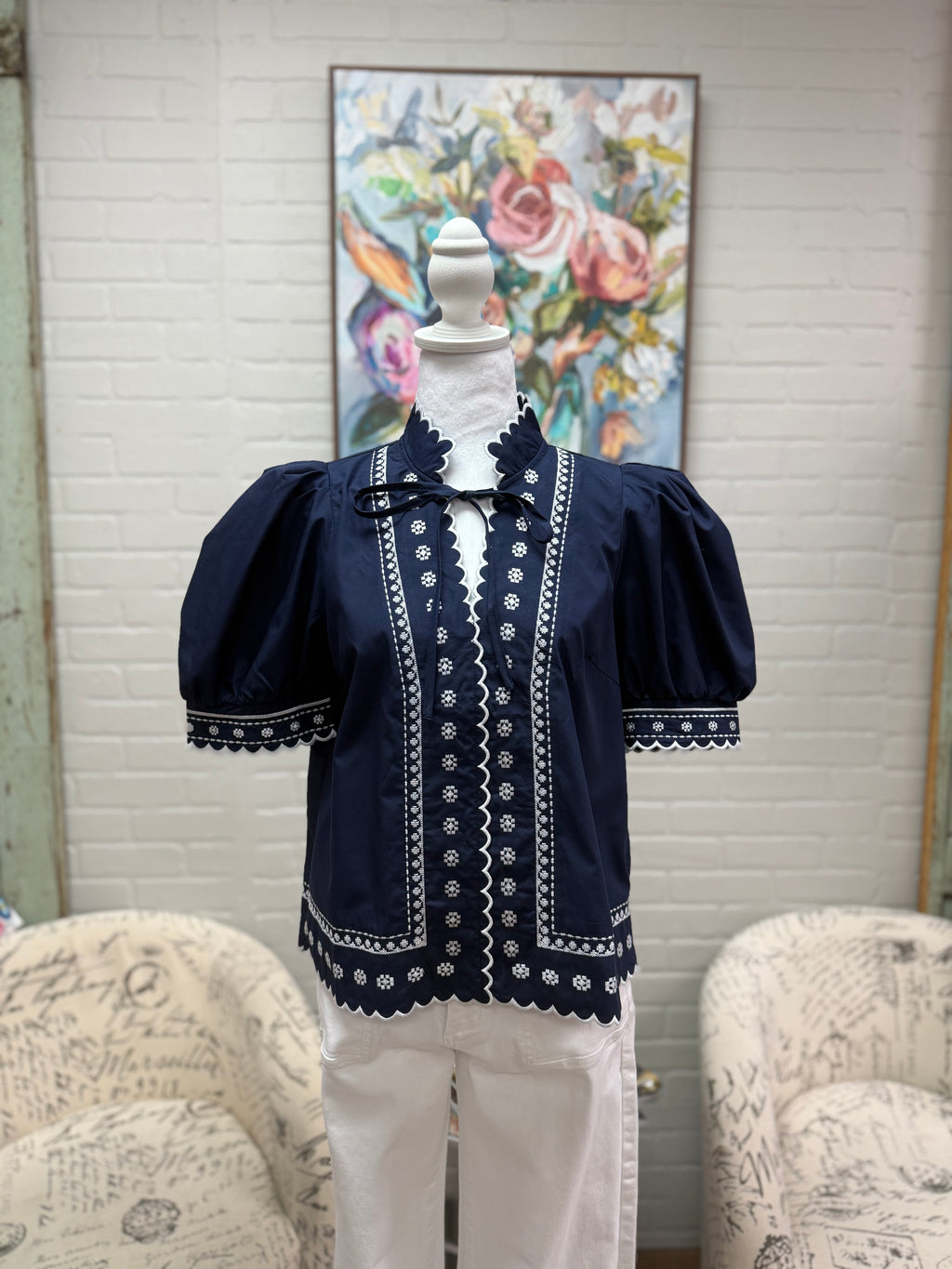 Navy Embroidered Trim Blouse