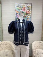 Navy Embroidered Trim Blouse