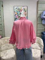 Pink 3/4 Sleeve Scalloped Top