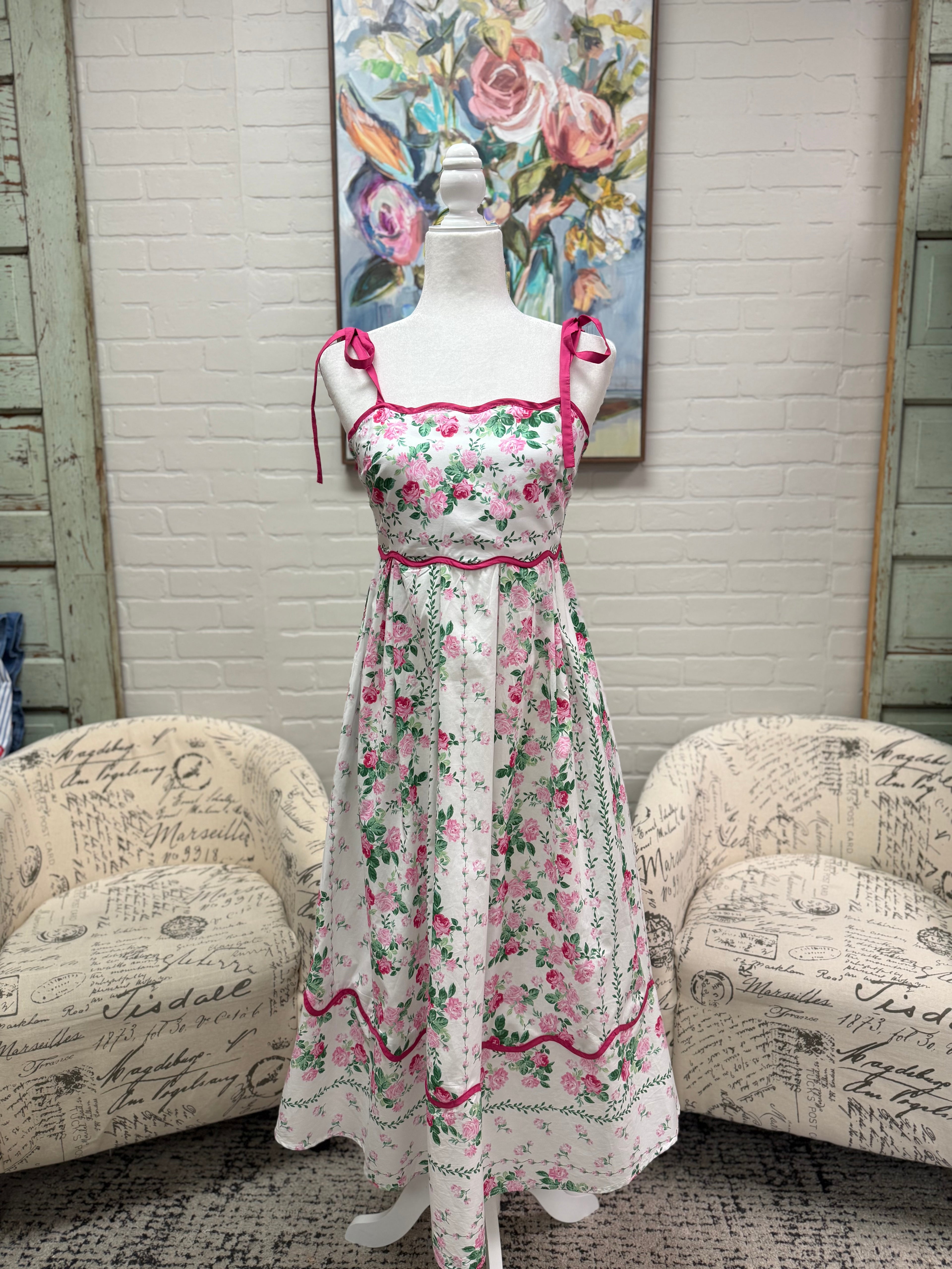 Cream & Pink Floral Midi Dress
