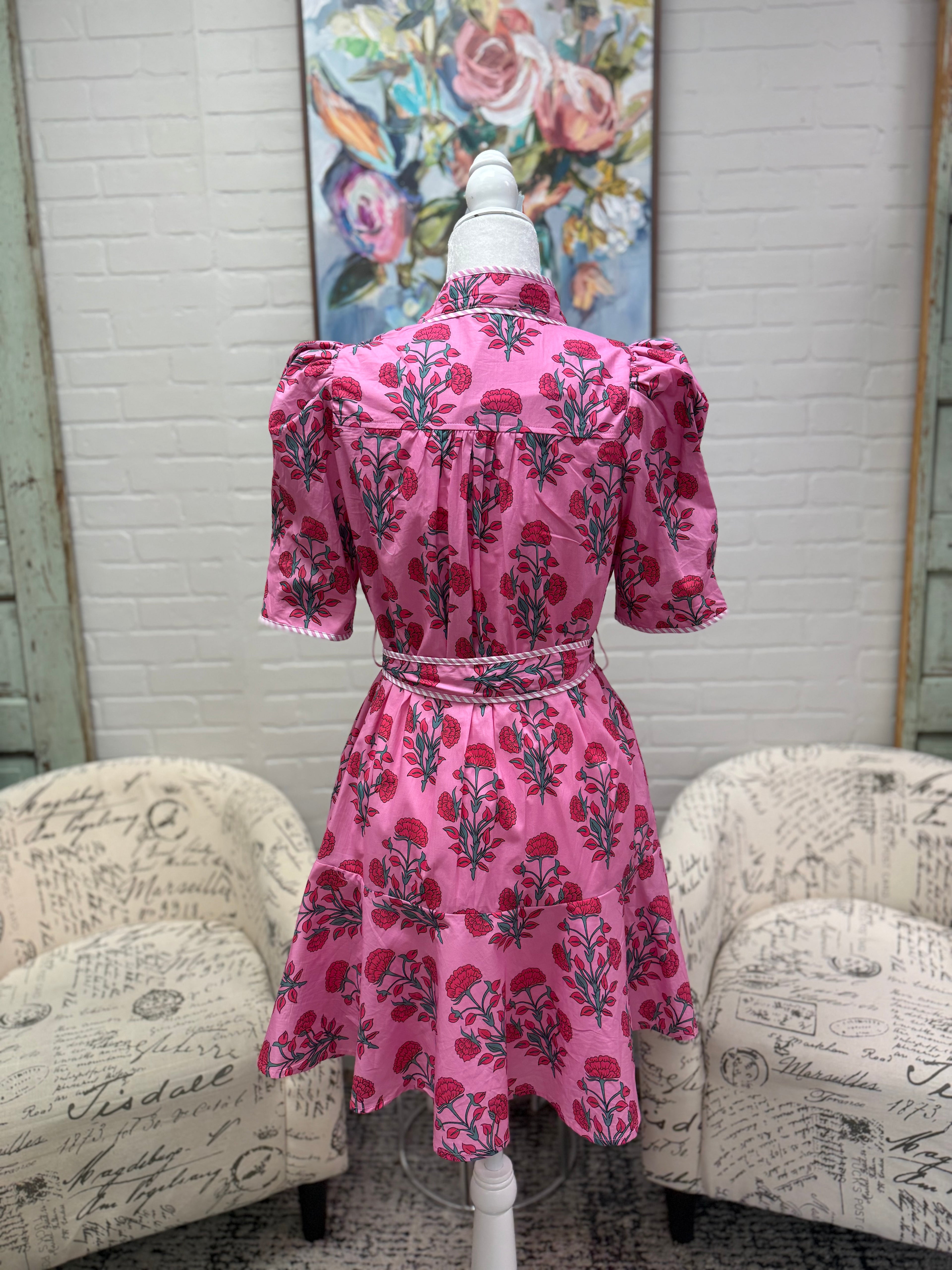 Pink Puff Sleeve Mini Dress Small