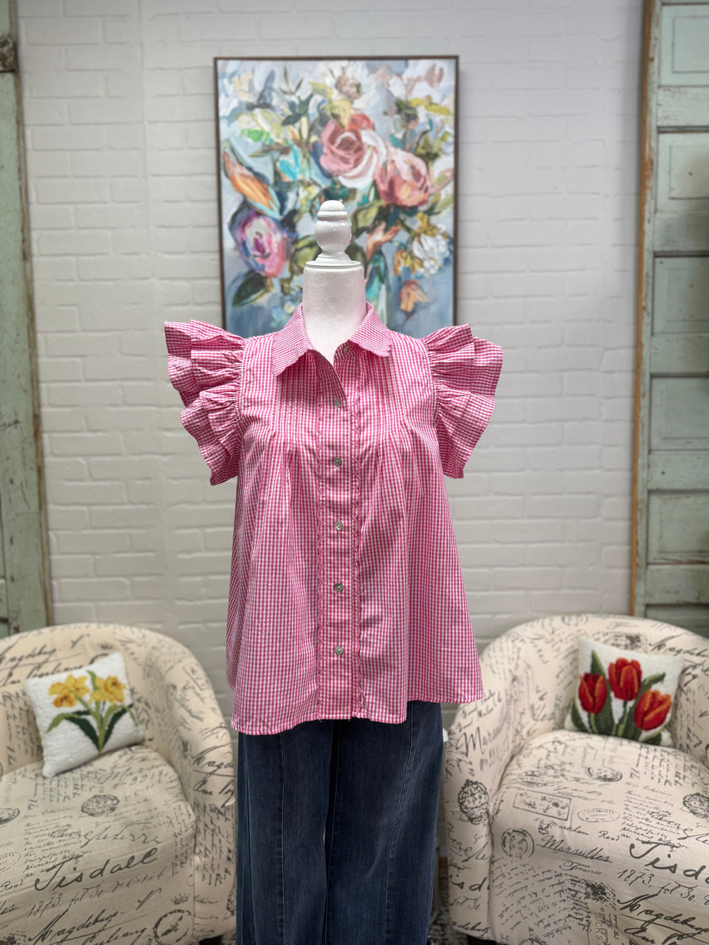 Pink Gingham Flutter Sleeve Blouse