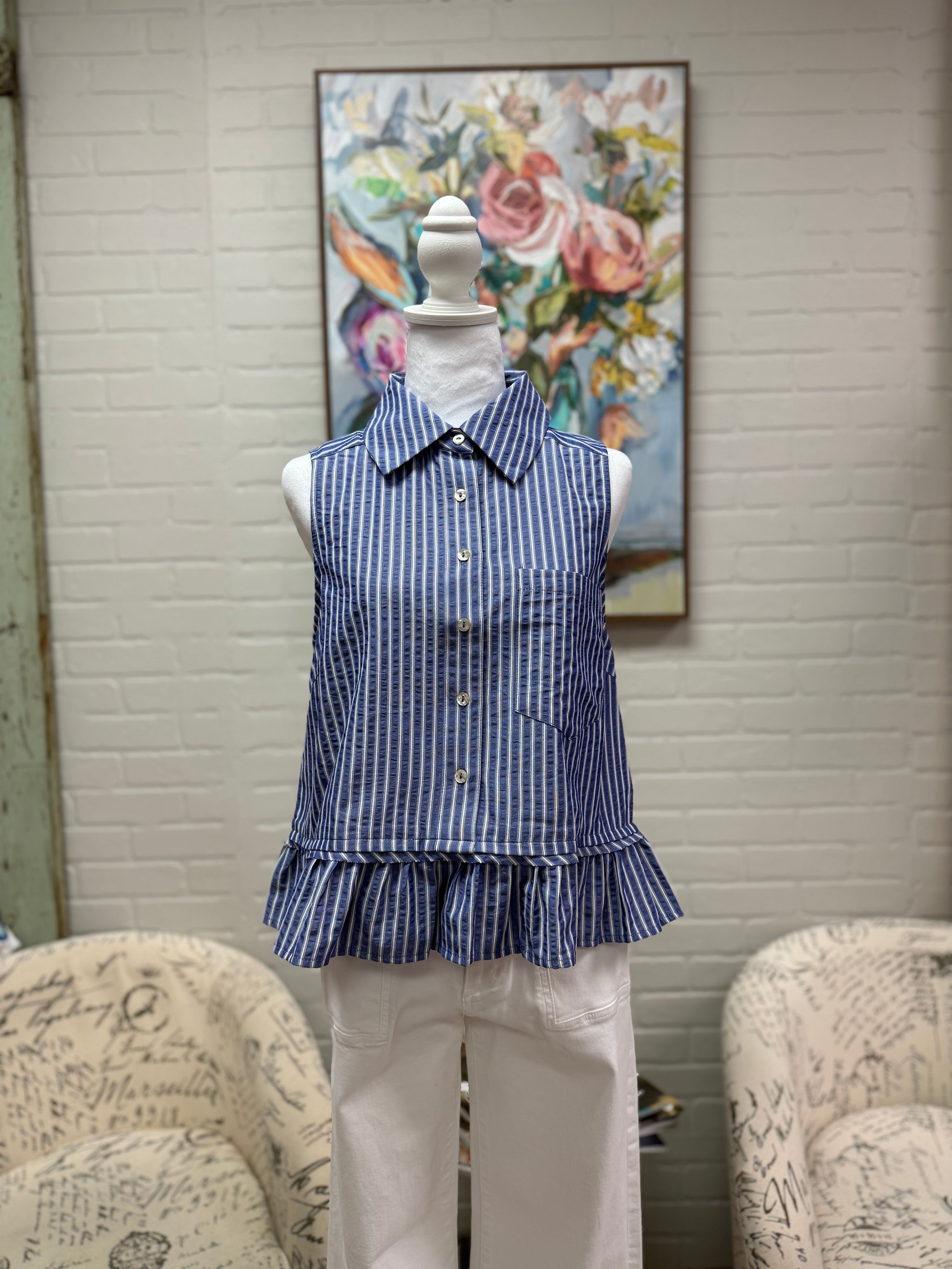 Blue Striped Sleeveless Top w/ Ruffle Hem