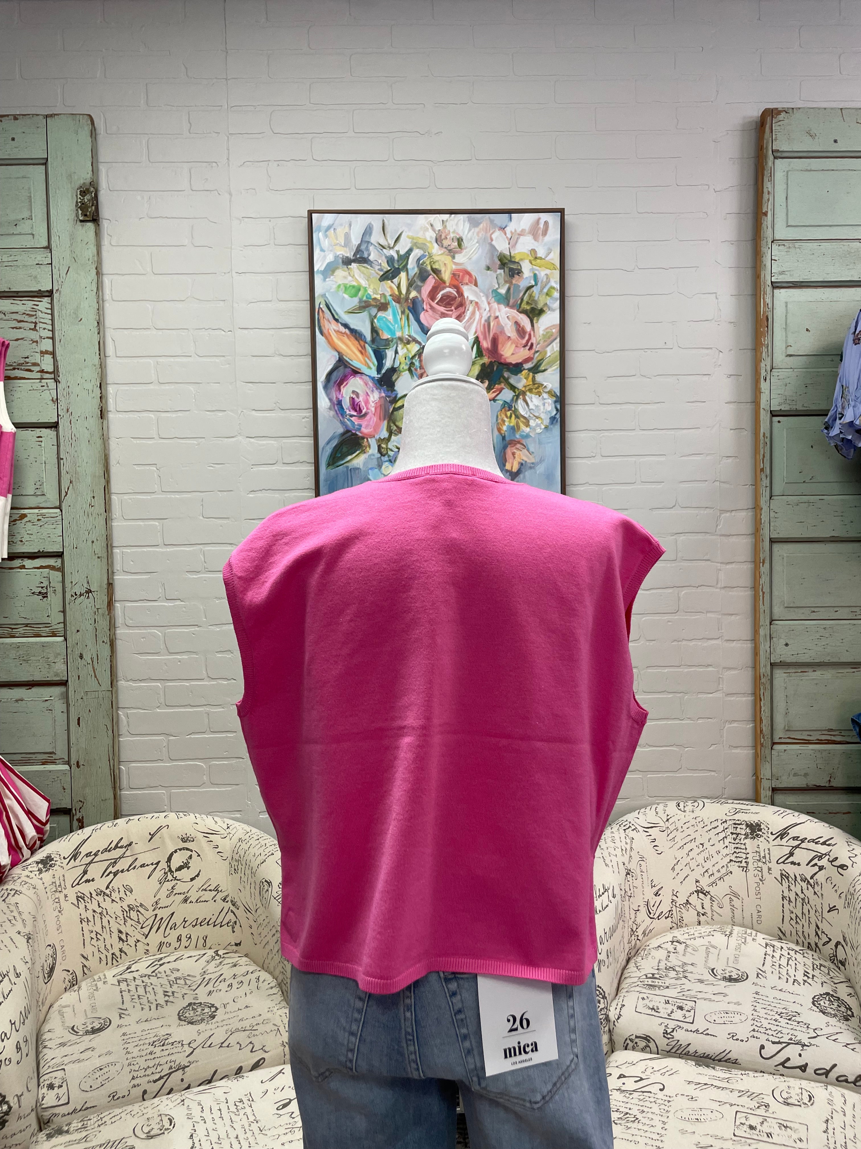 Pink Split Neck Sleeveless Sweater