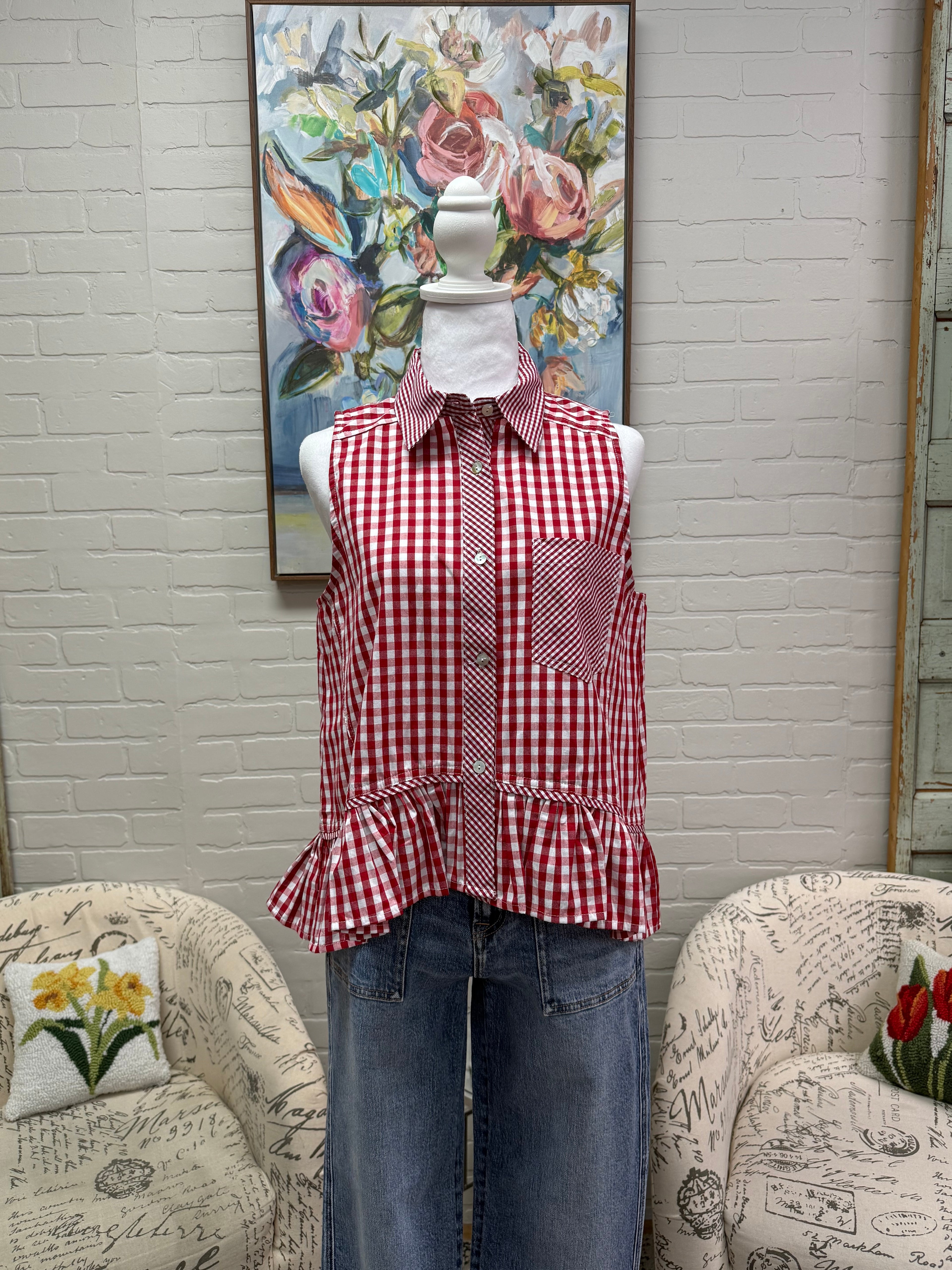 Red Gingham Sleeveless Top